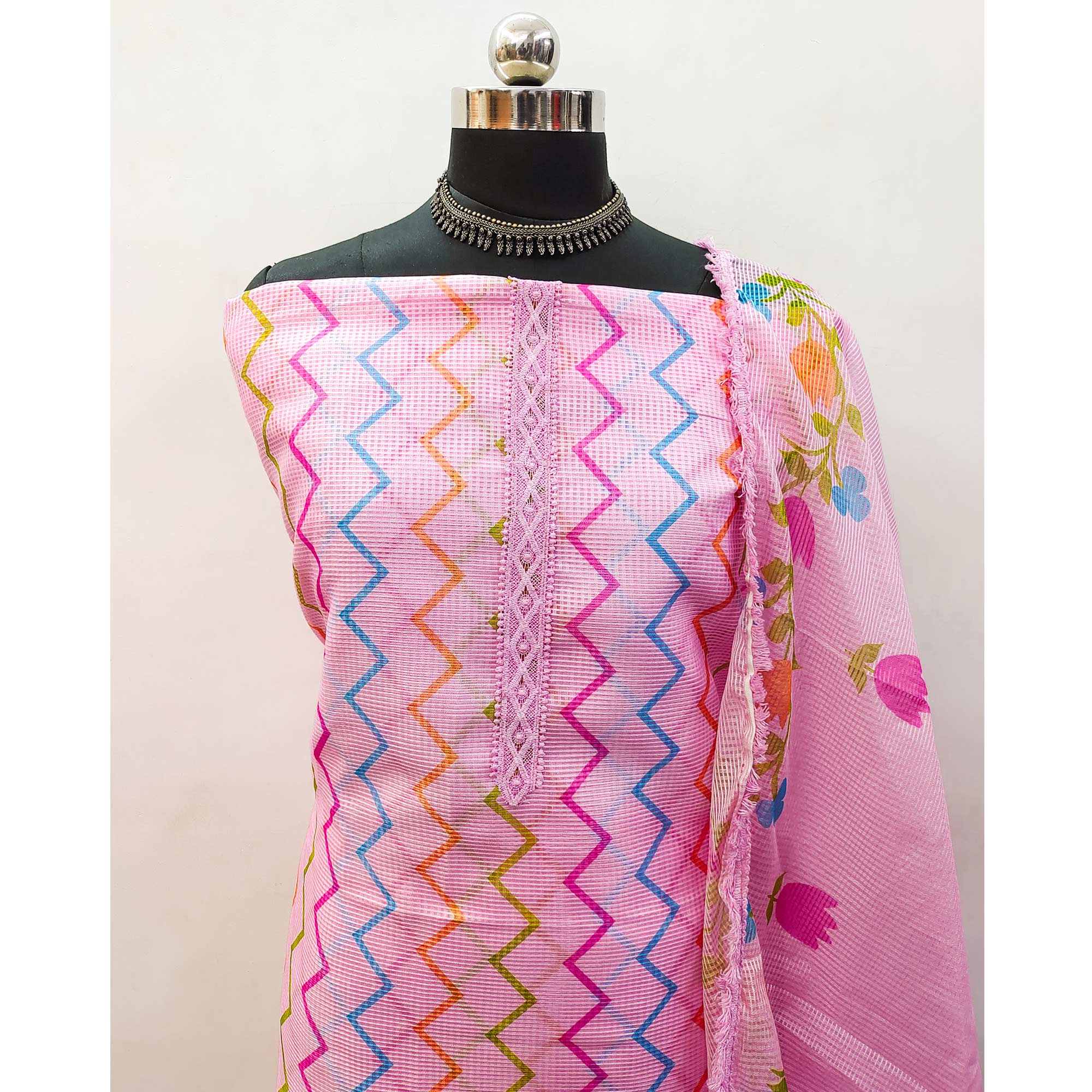 Pink Printed Kota Doria Dress Material