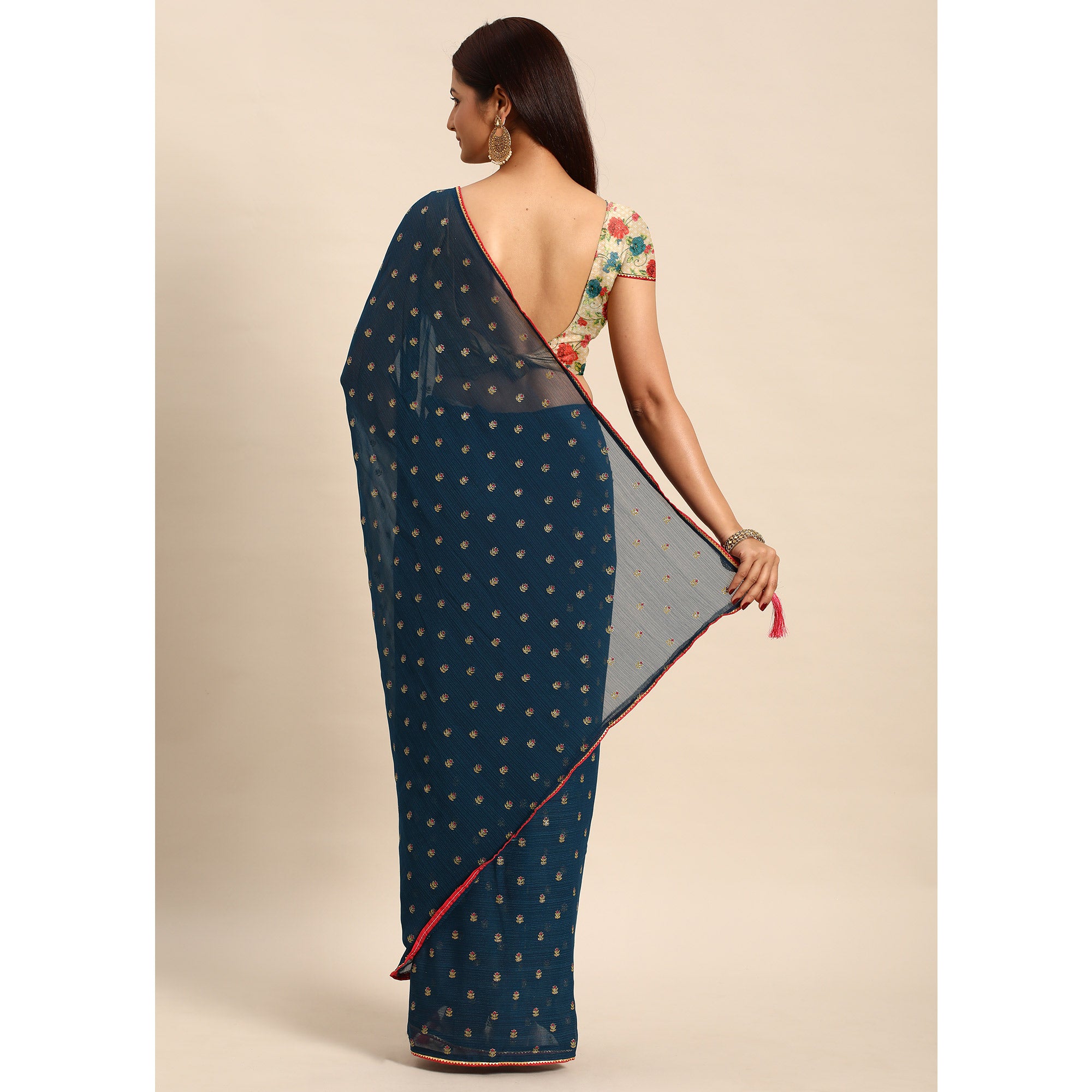 Teal Blue Embroidered Chiffon Saree