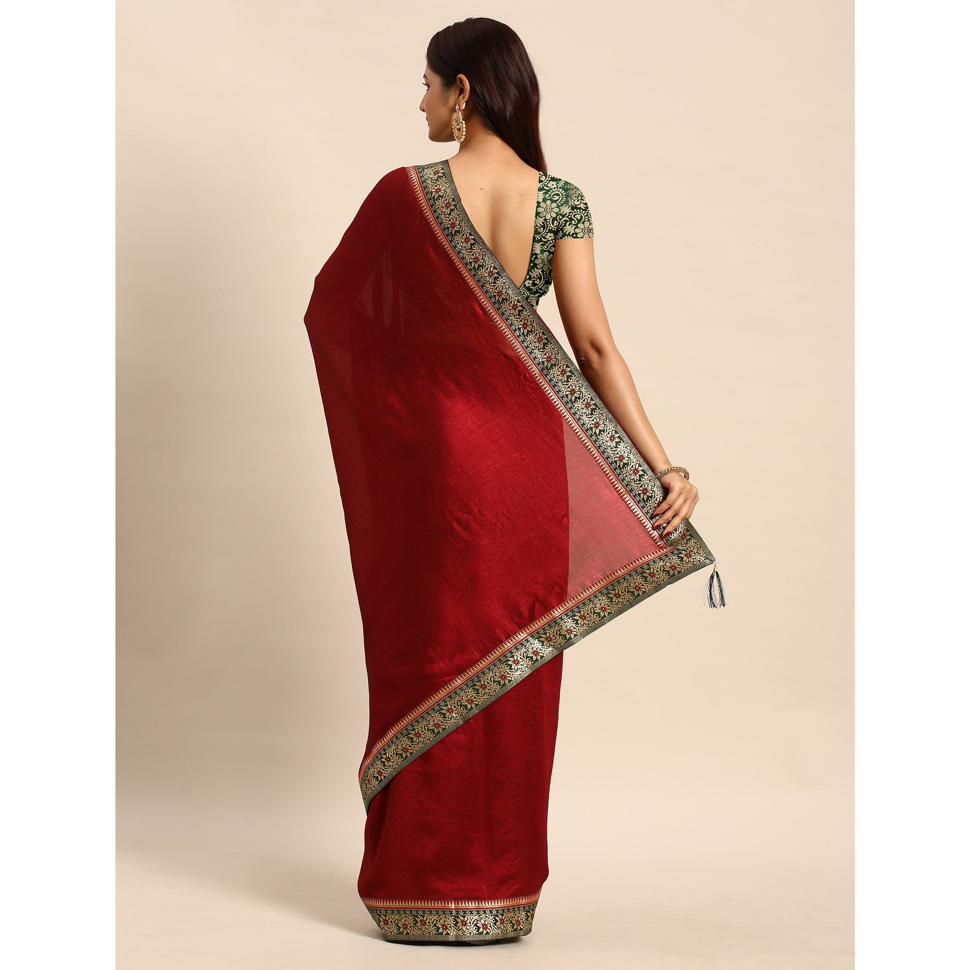 Maroon Solid Vichitra Silk Saree With Fancy Border