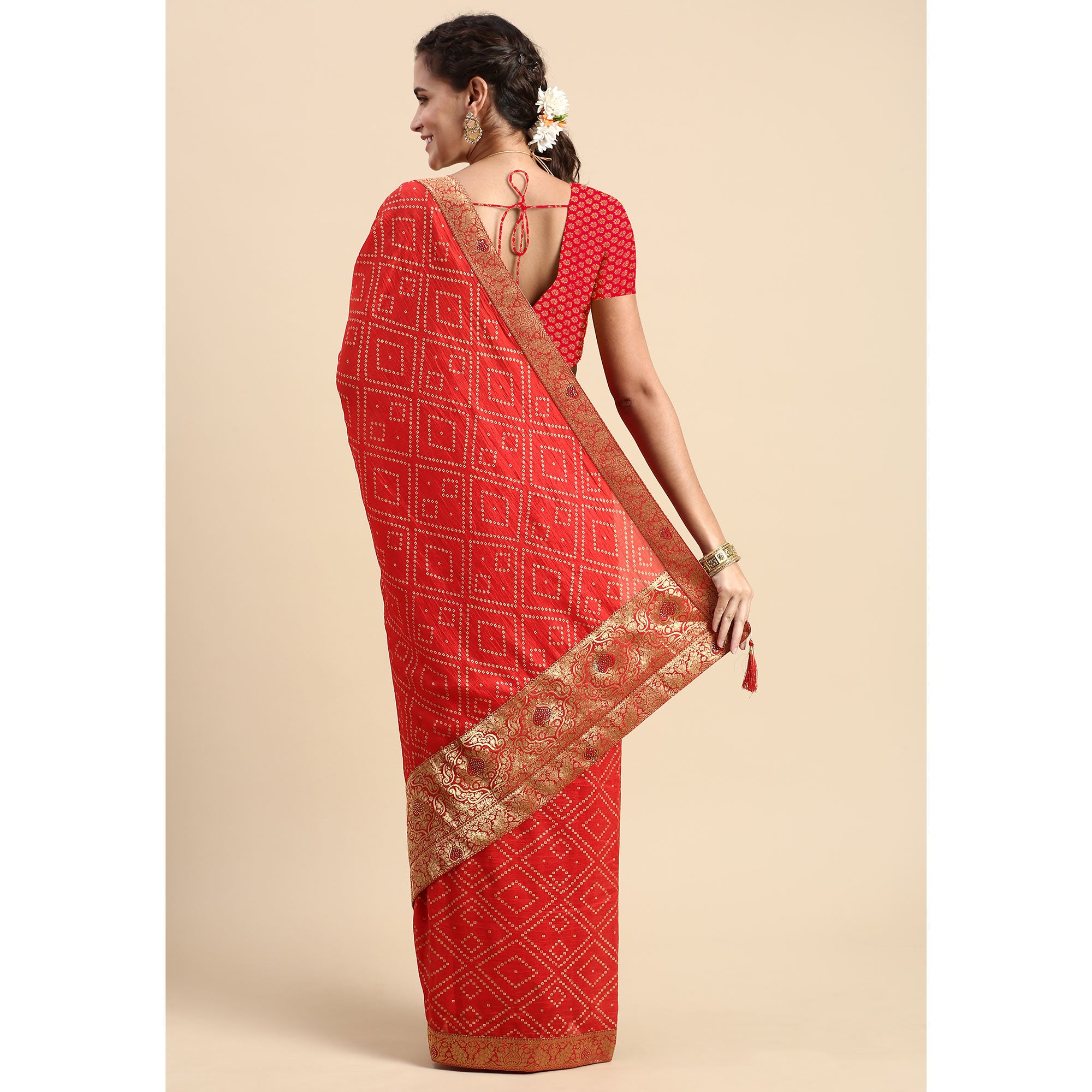 Red Foil Printed With Swarovski Vichitra Silk Saree