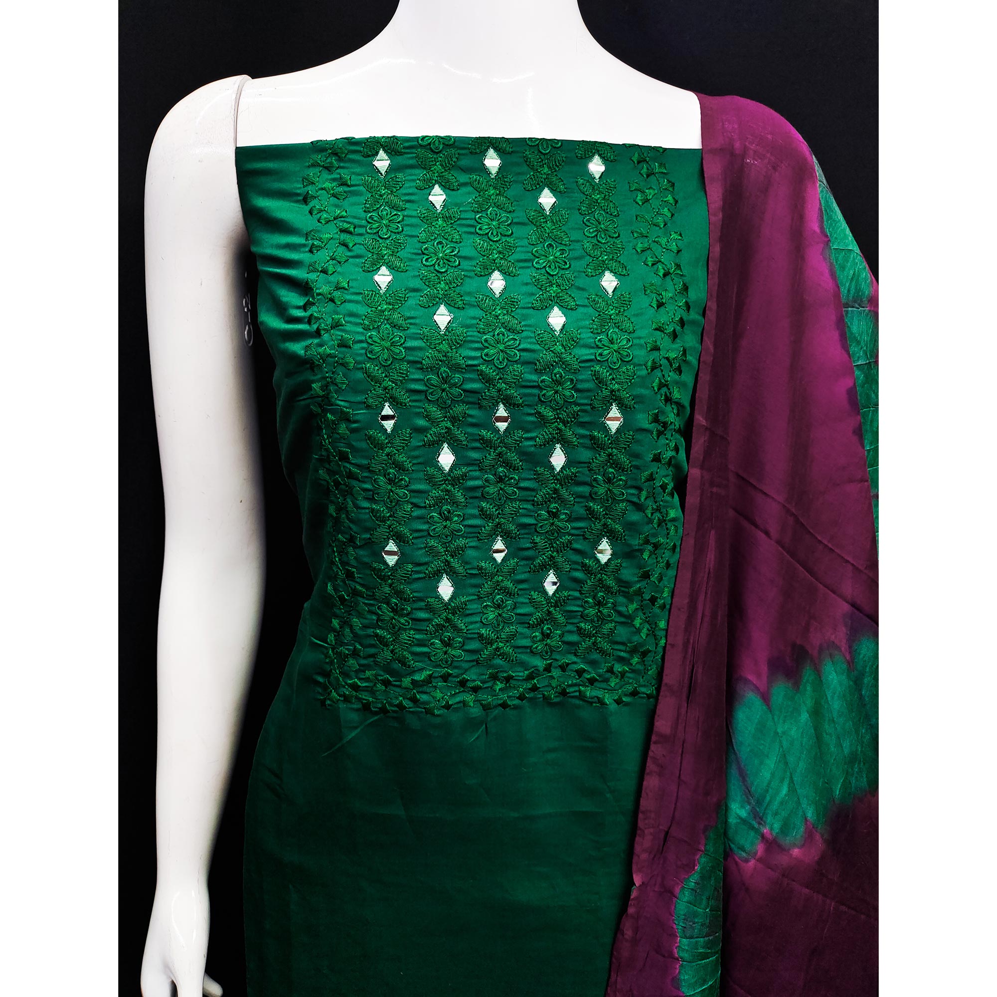 Green Floral Embroidered Viscose Dress Material