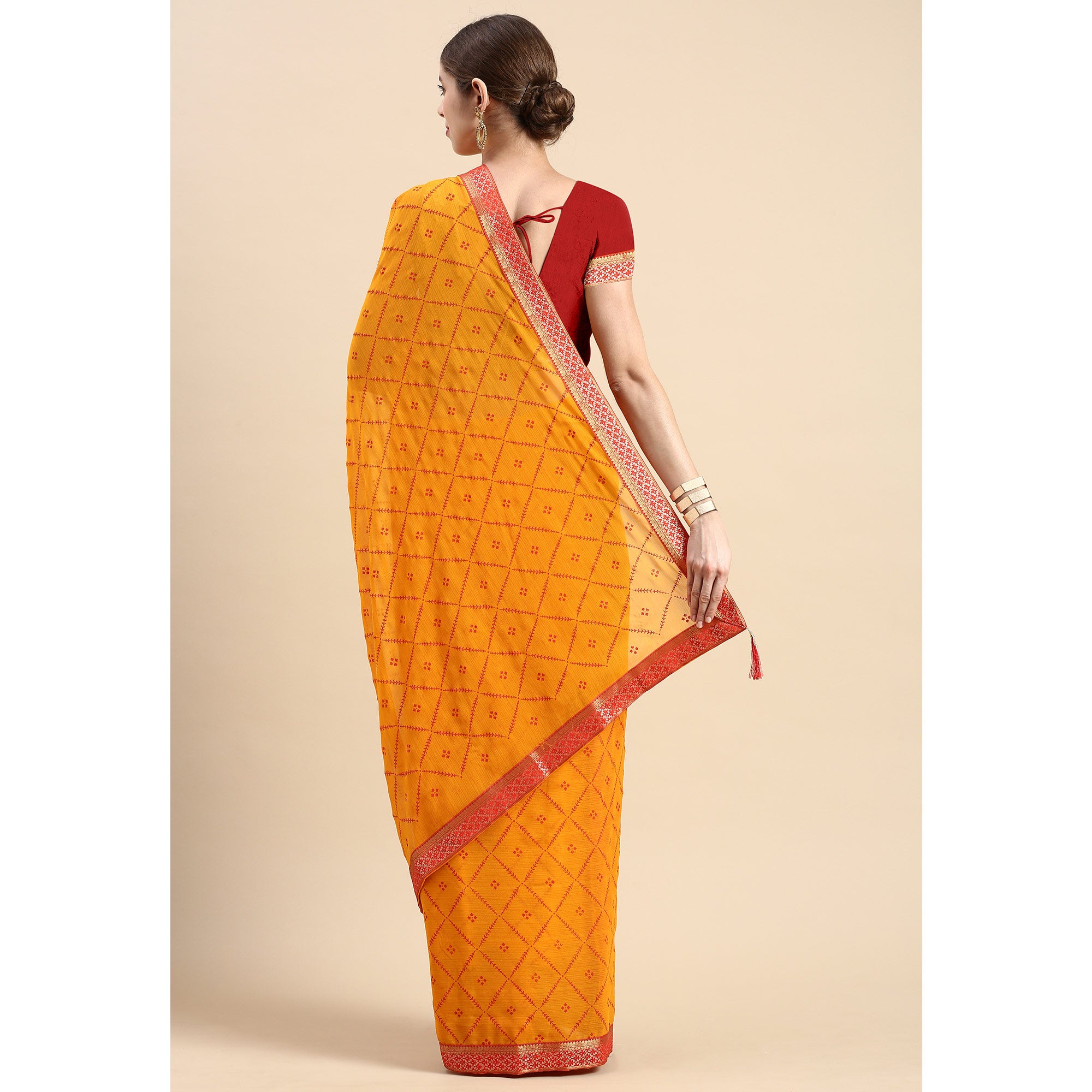 Yellow Floral Foil Printed Zomato Saree