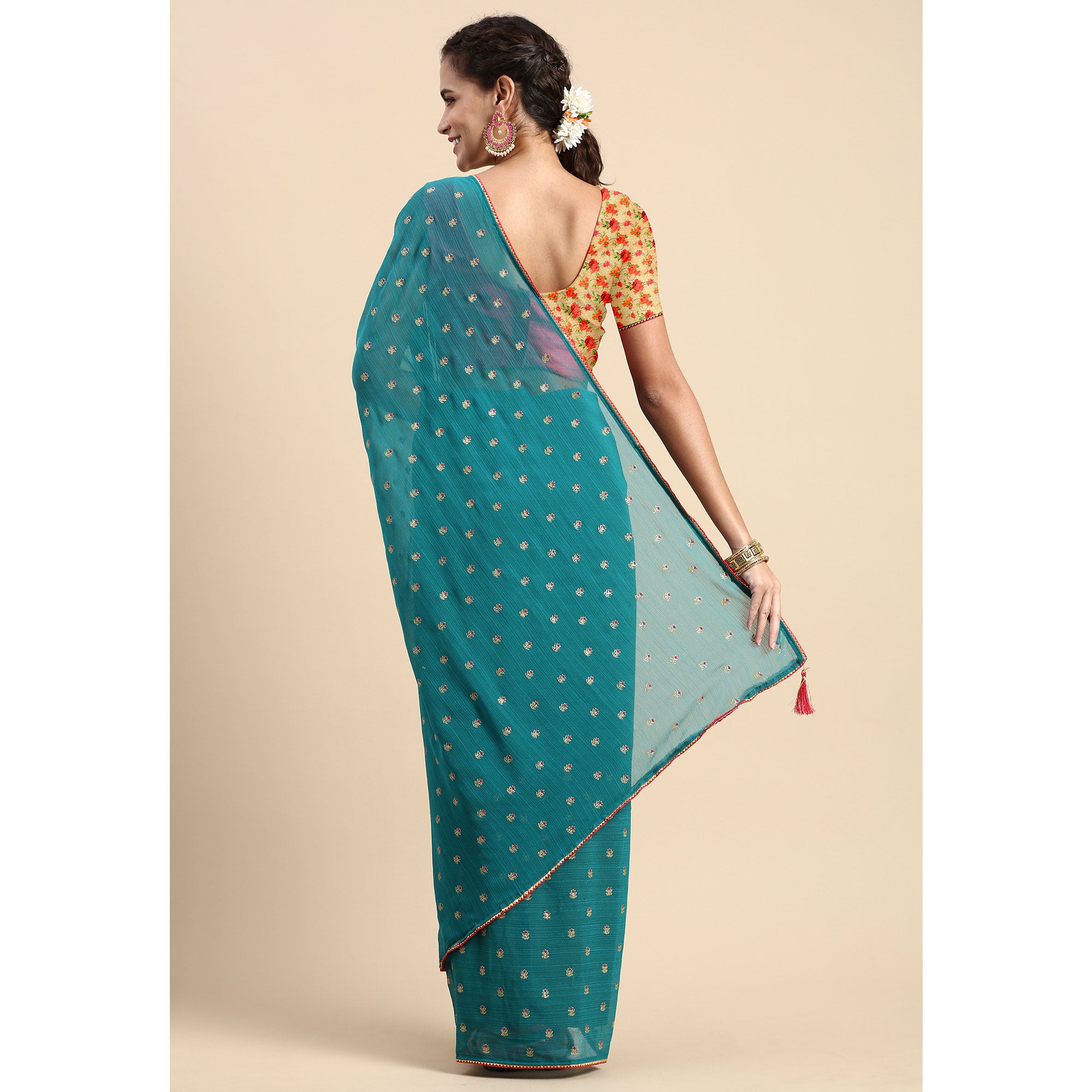 Rama Blue Embroidered Chiffon Saree