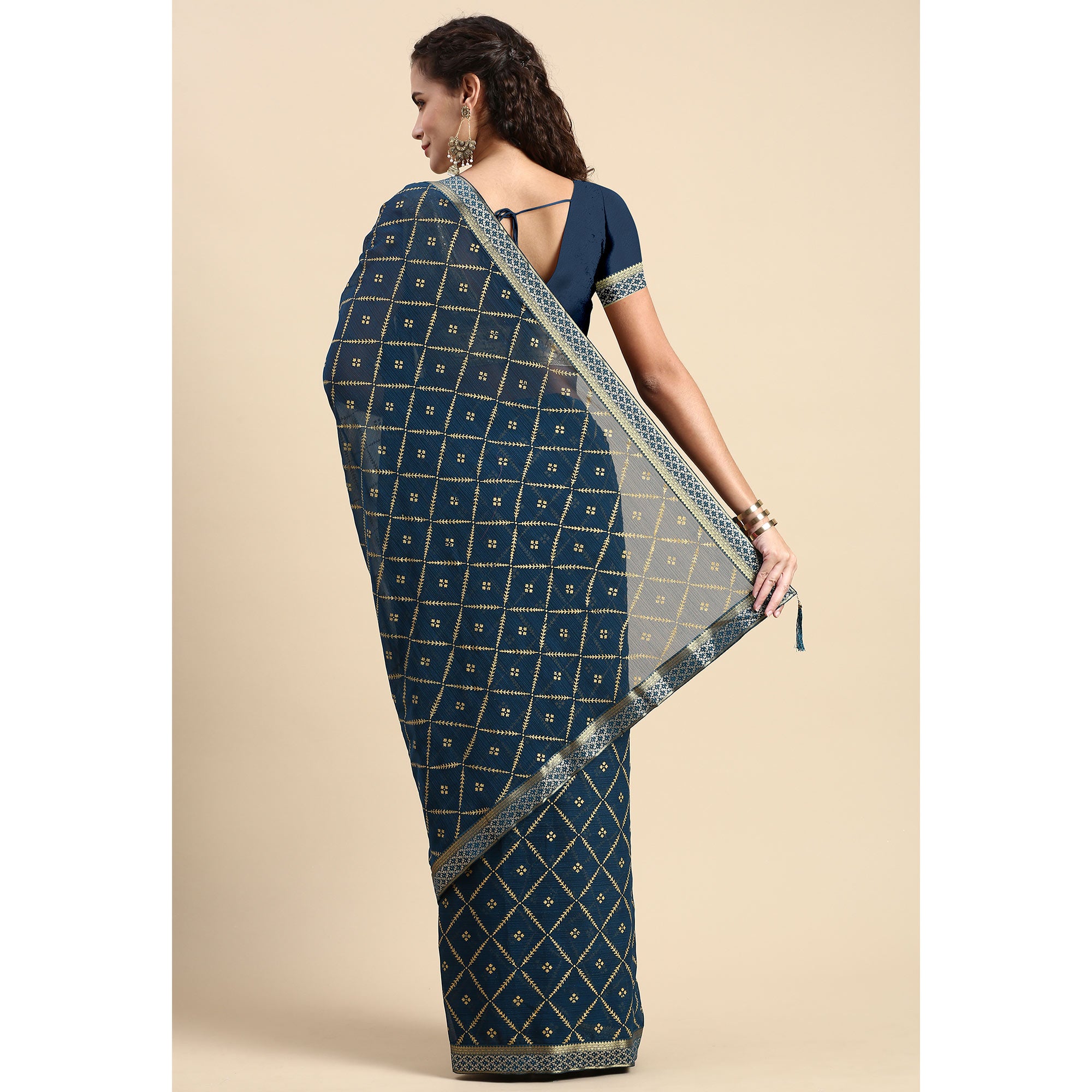 Blue Floral Foil Printed Zomato Saree