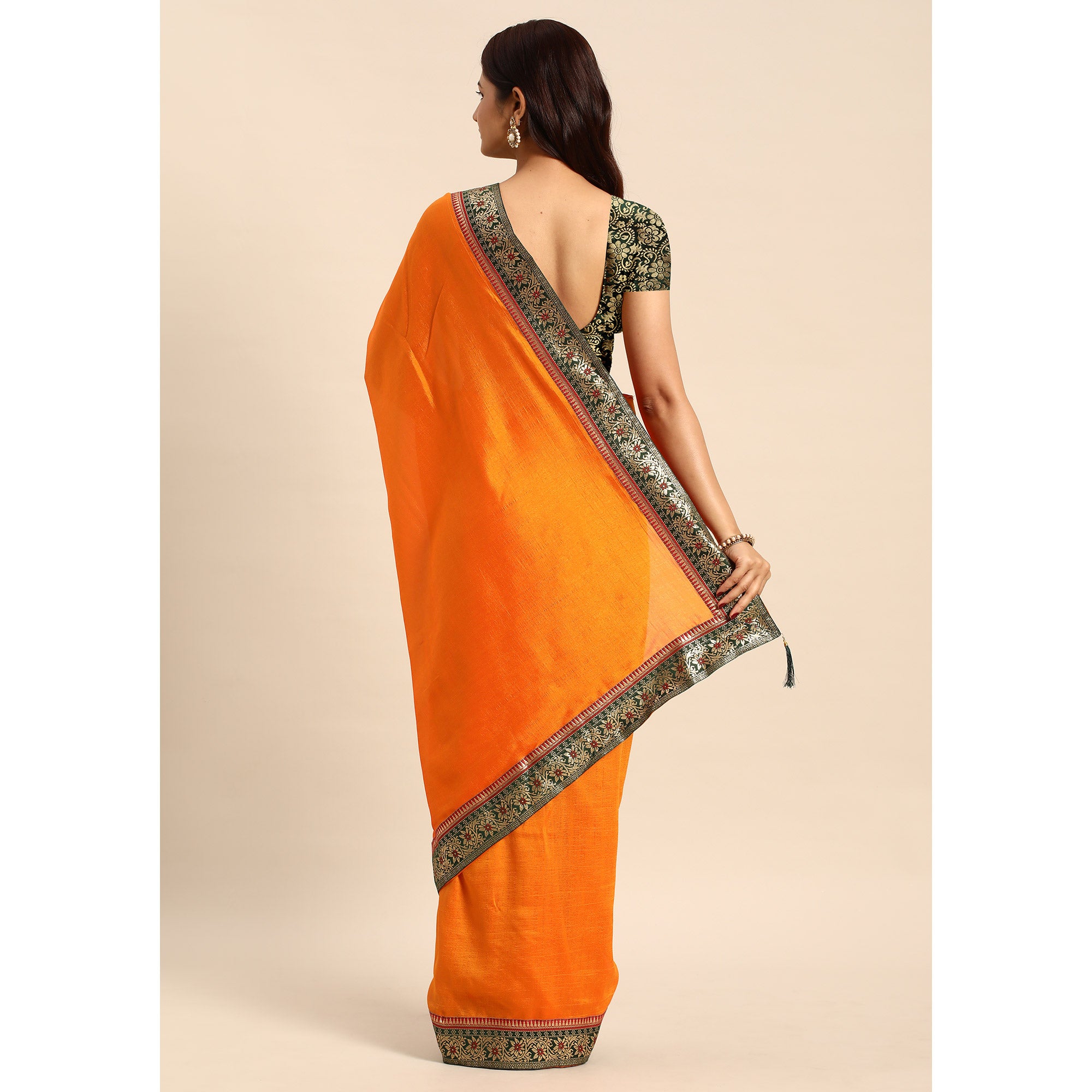 Orange Solid Vichitra Silk Saree With Fancy Border