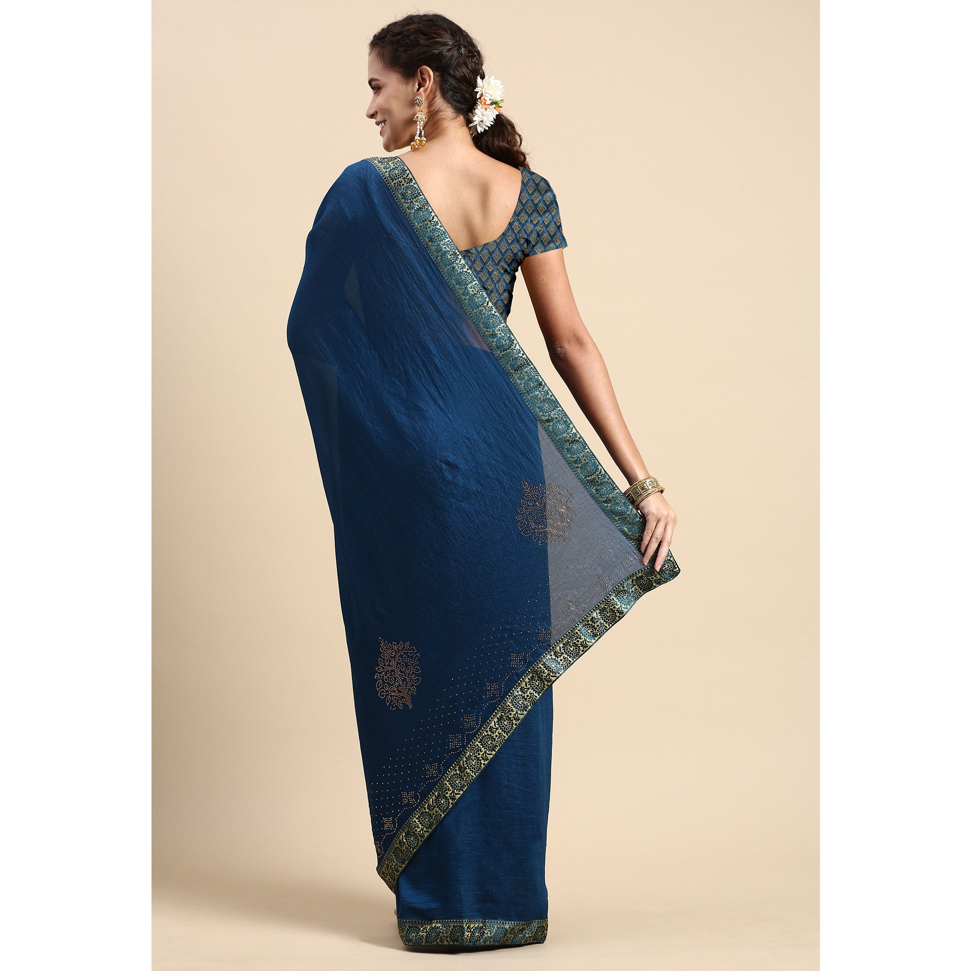 Blue Swaroski Work Vichitra Silk Saree