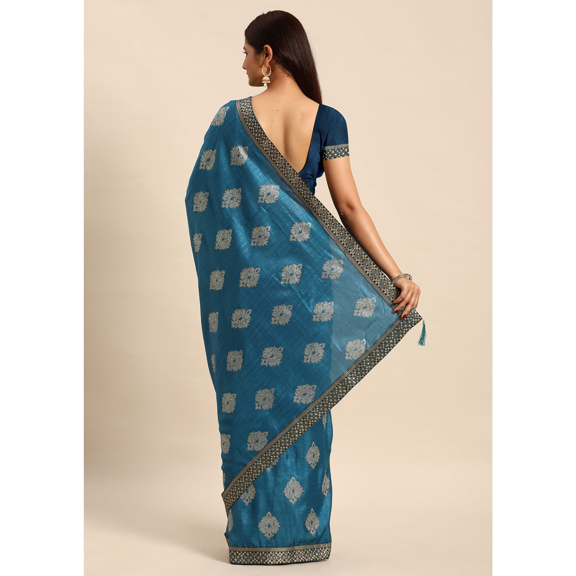 Blue Floral Foil Printed Vichitra Silk Saree