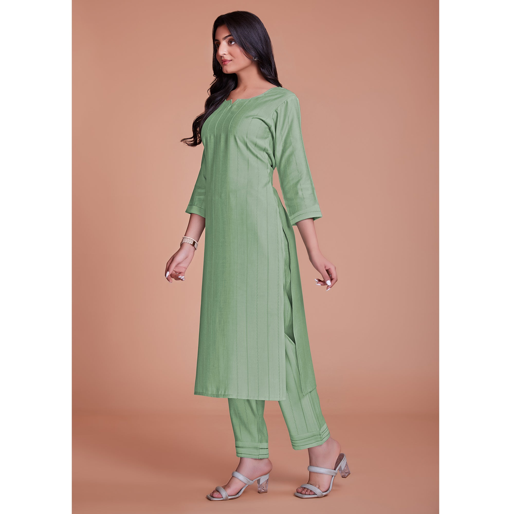 Light Pista Green Woven Viscose Kurti Pant Set