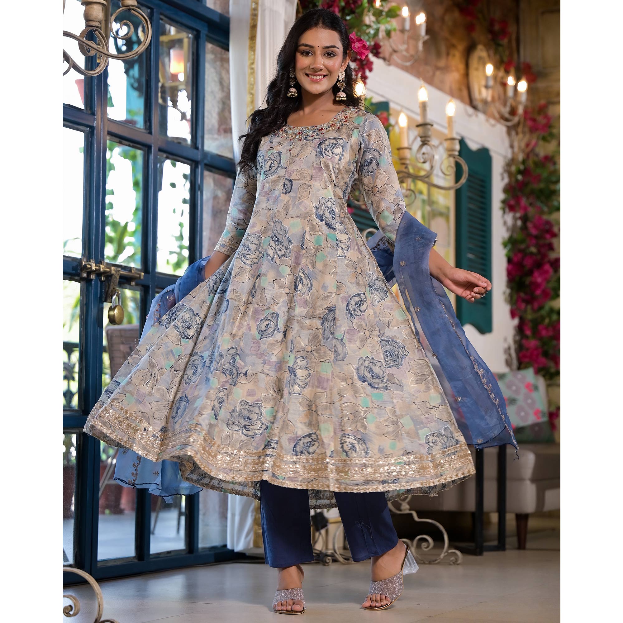 Chikoo & Blue Floral Foil Printed Mulmul Cotton Anarkali Salwar Suit