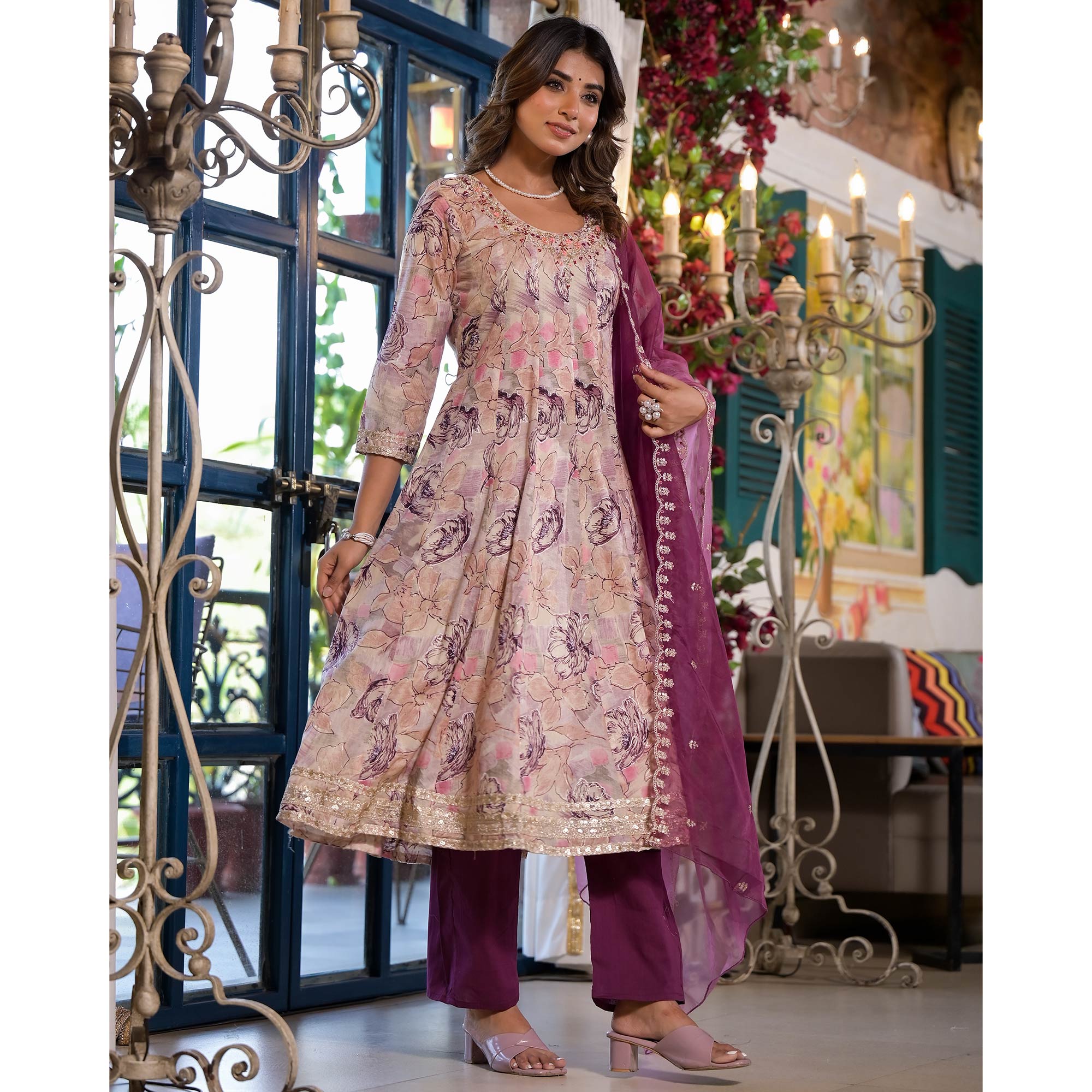 Chikoo & Purple Floral Foil Printed Anarkali Mulmul Cotton Salwar Suit
