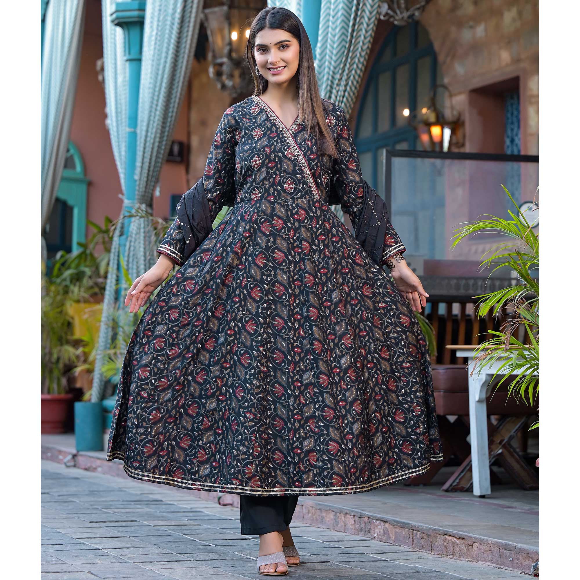 Black Floral Printed Chanderi Silk Anarkali Salwar Suit