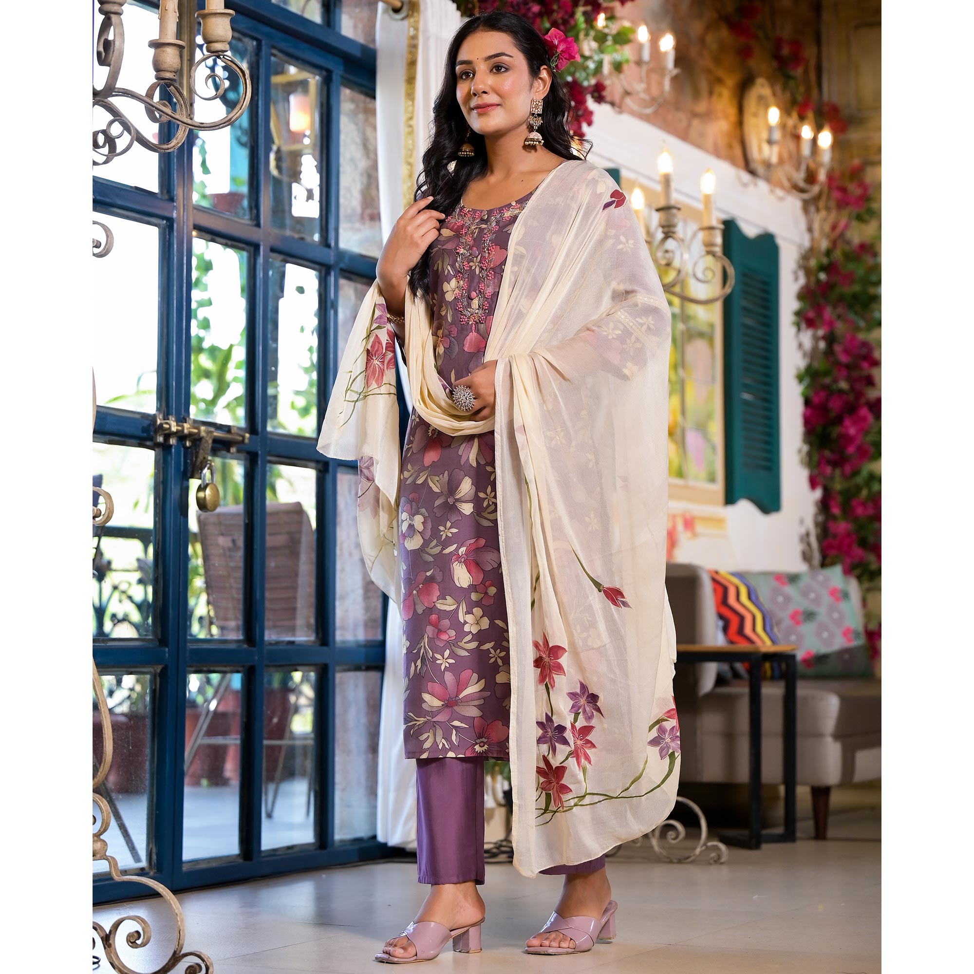 Plum Purple Floral Printed Chanderi Silk Straight Salwar Suit