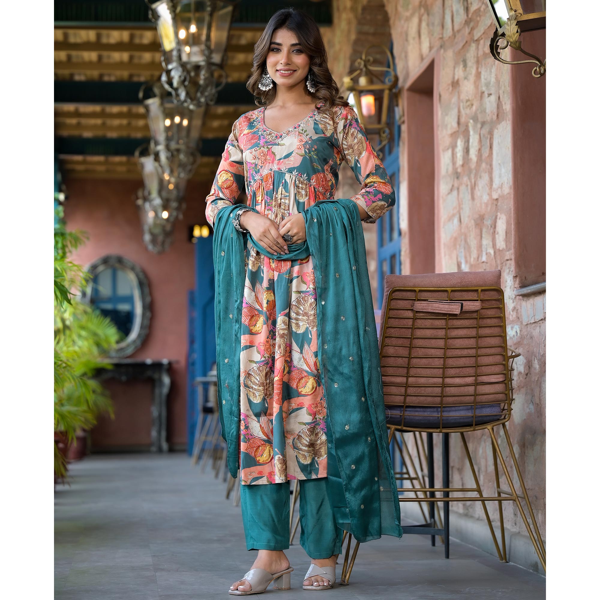 Teal Blue Floral Foil Printed Muslin Alia Cut Salwar Suit With Handcrafted