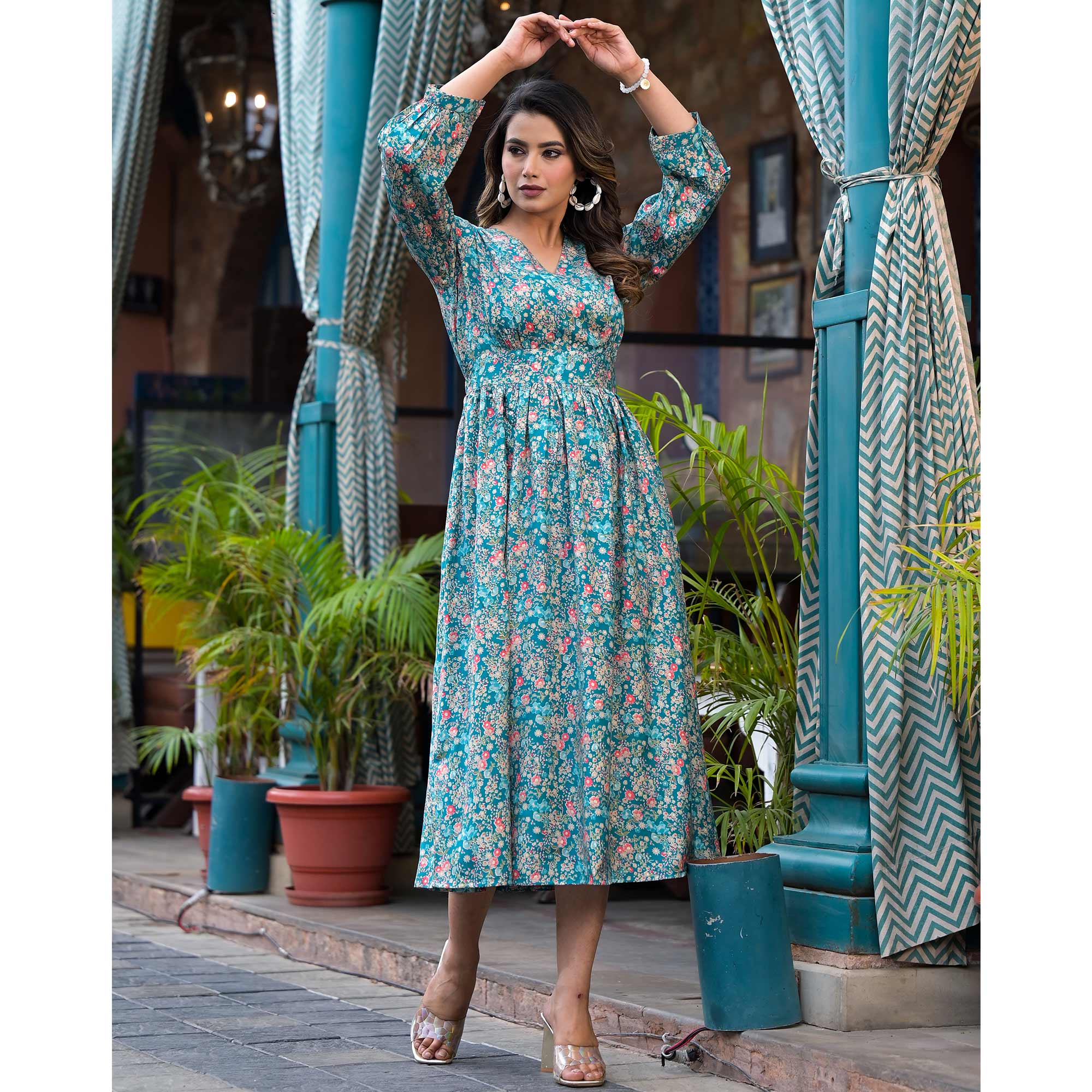 Turquoise Floral Printed Muslin A-line Dress