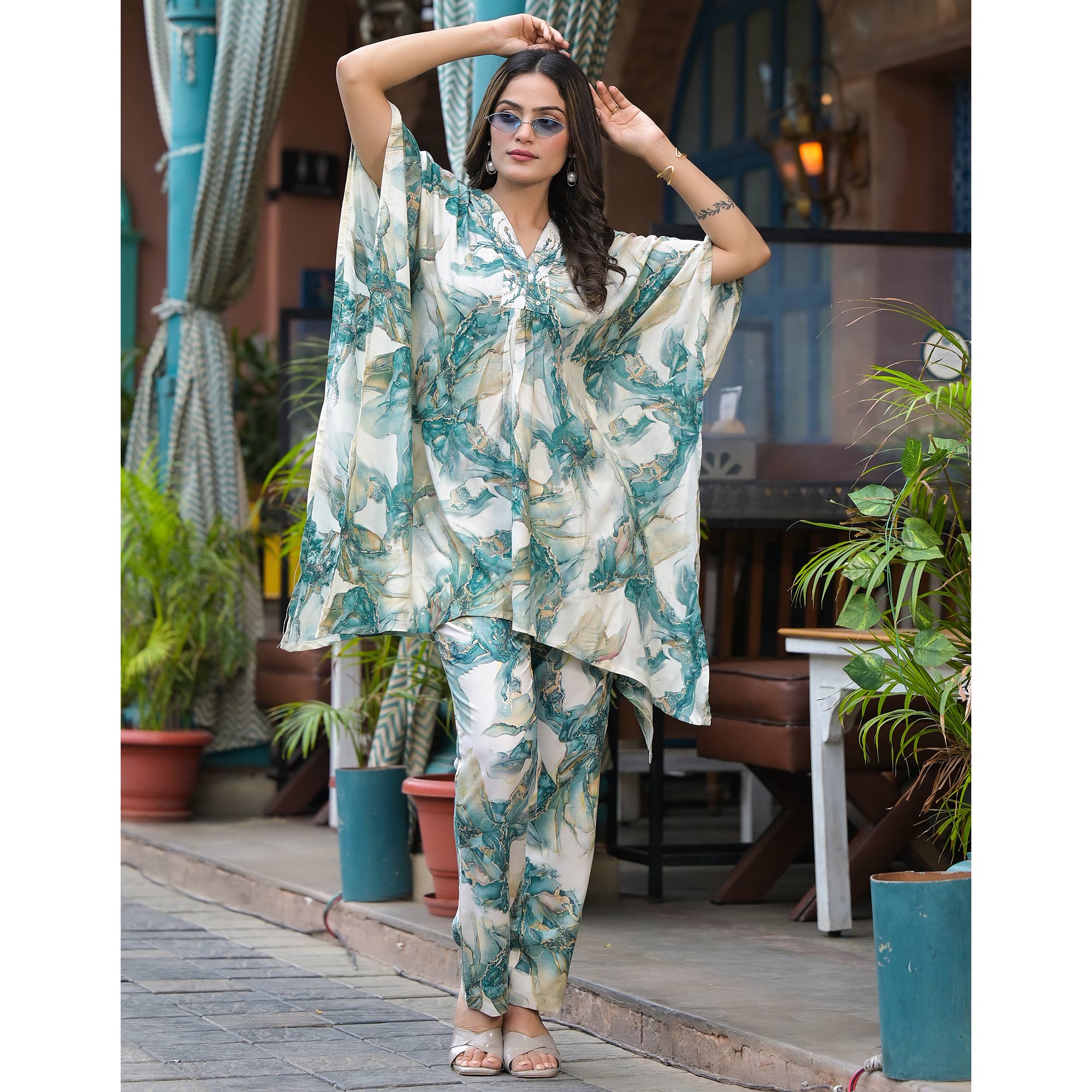 Green Foil Printed Rayon Kaftan Co-Ord Set