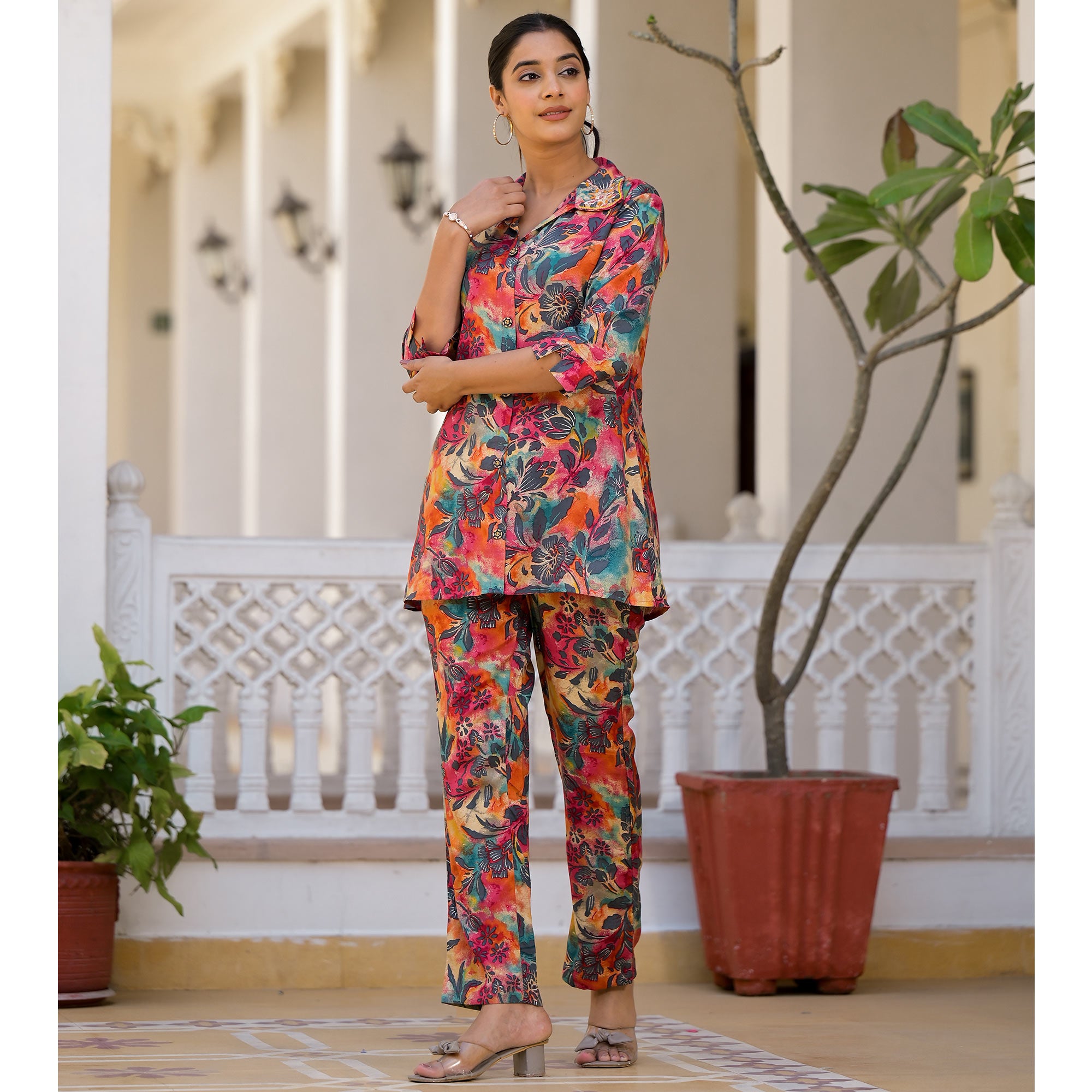 Pink Floral Foil Printed Chanderi Silk Co Ord Set