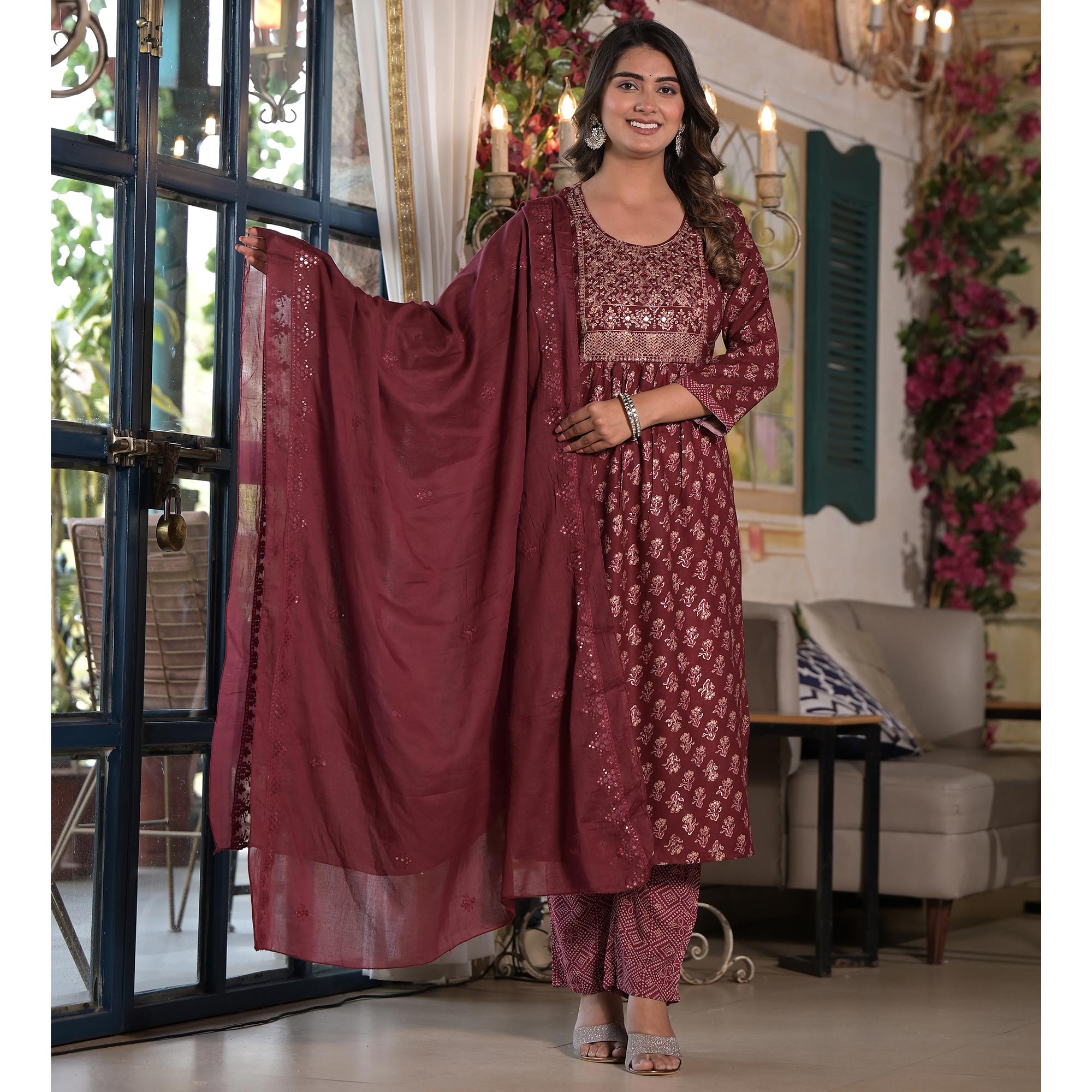 Maroon Floral Naira Cut Rayon Salwar Suit With Mirror Work