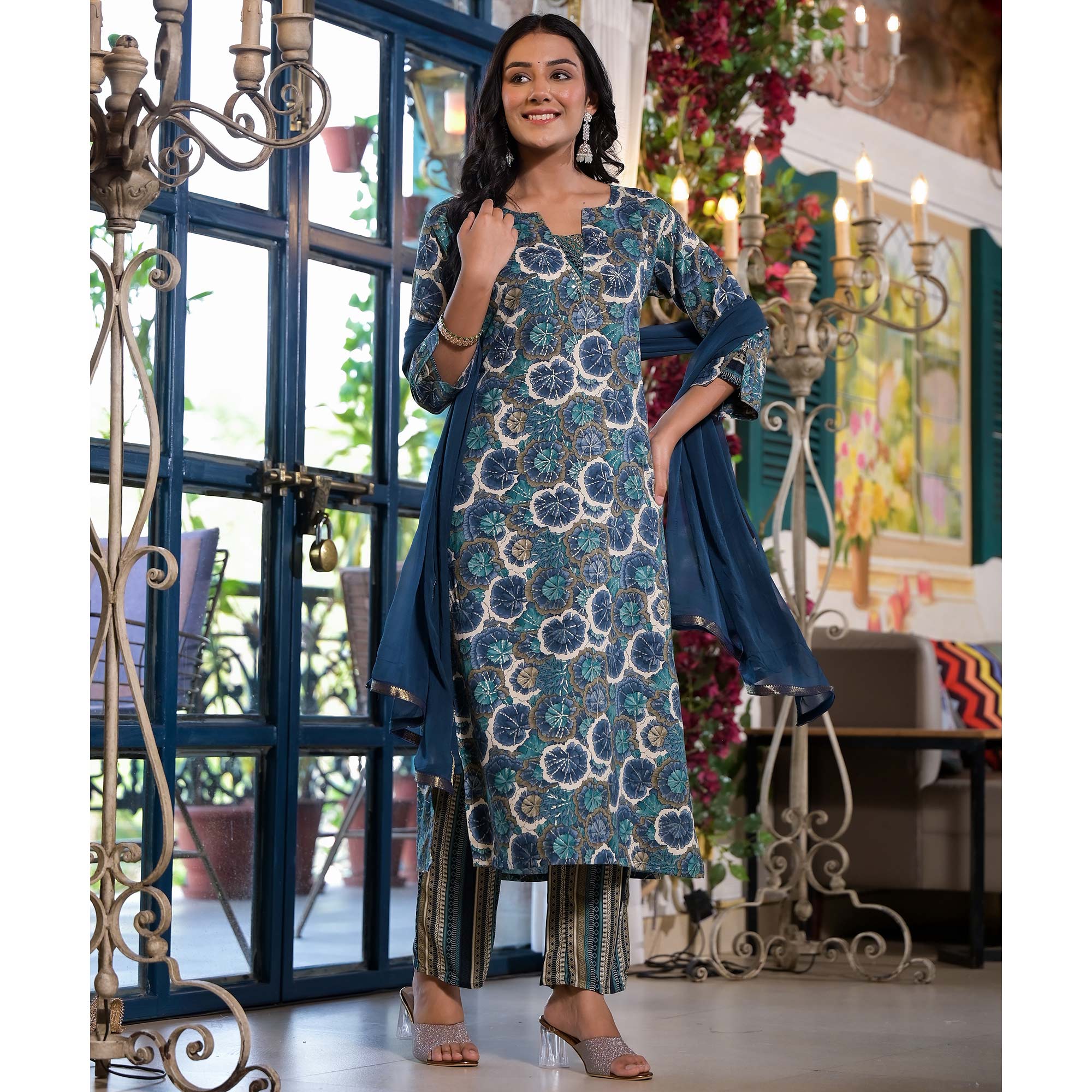 Blue Floral Foil Printed Rayon Straight Salwar Suit