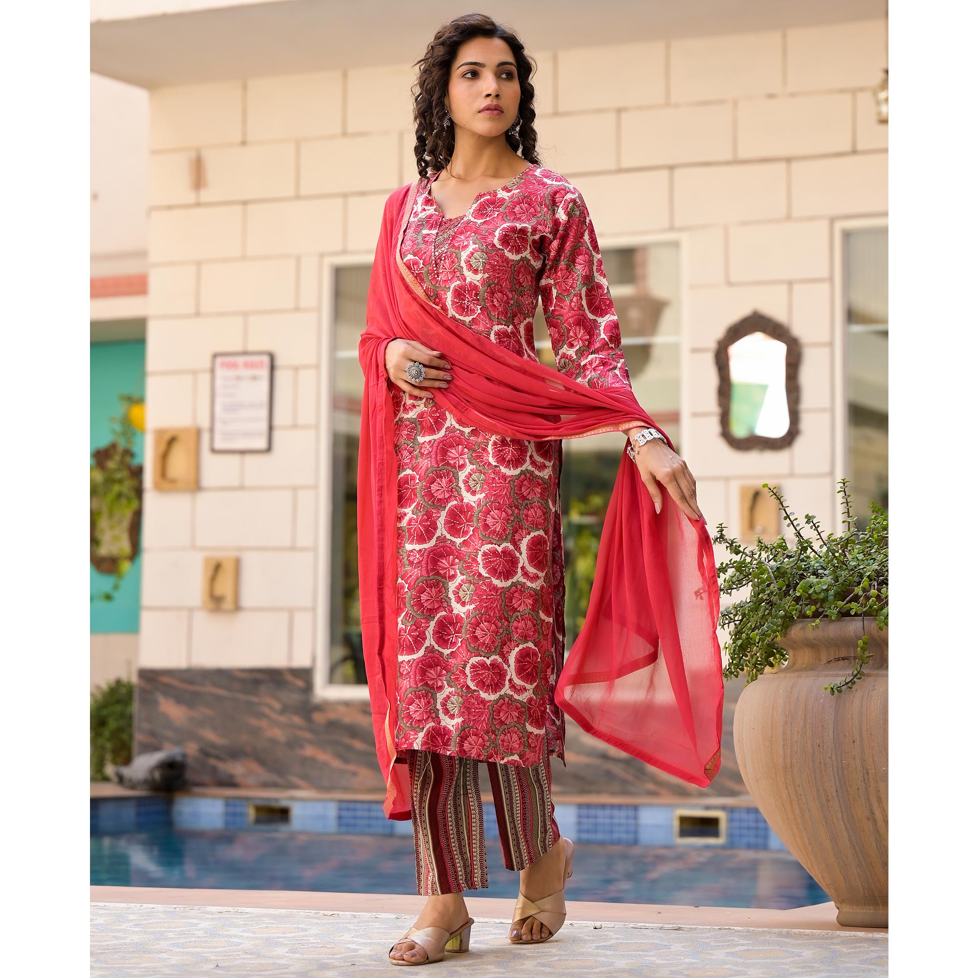 Red Floral Foil Printed Rayon Straight Salwar Suit