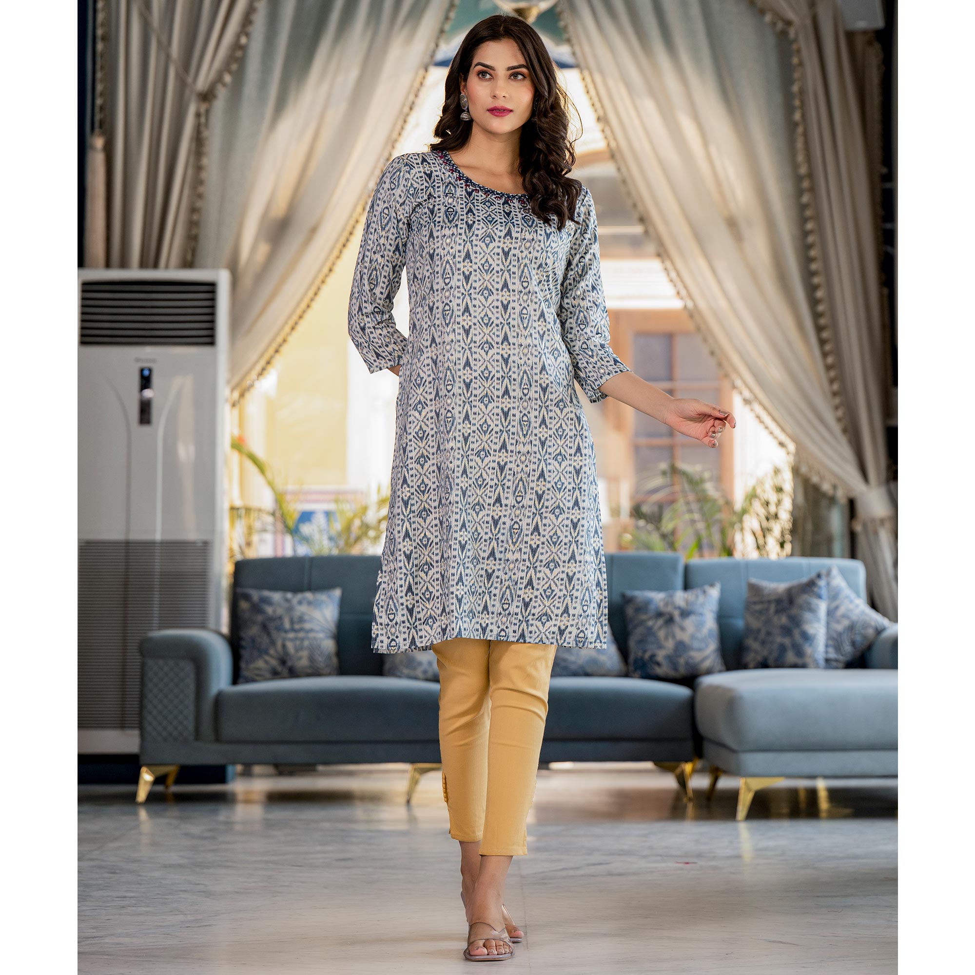 White & Blue Printed Rayon Straight Kurti