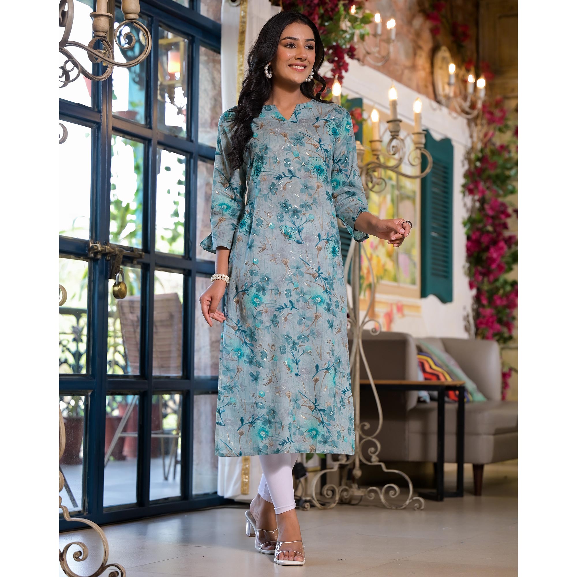 Blue Floral Foil Printed Mulmul Cotton Straight Kurti