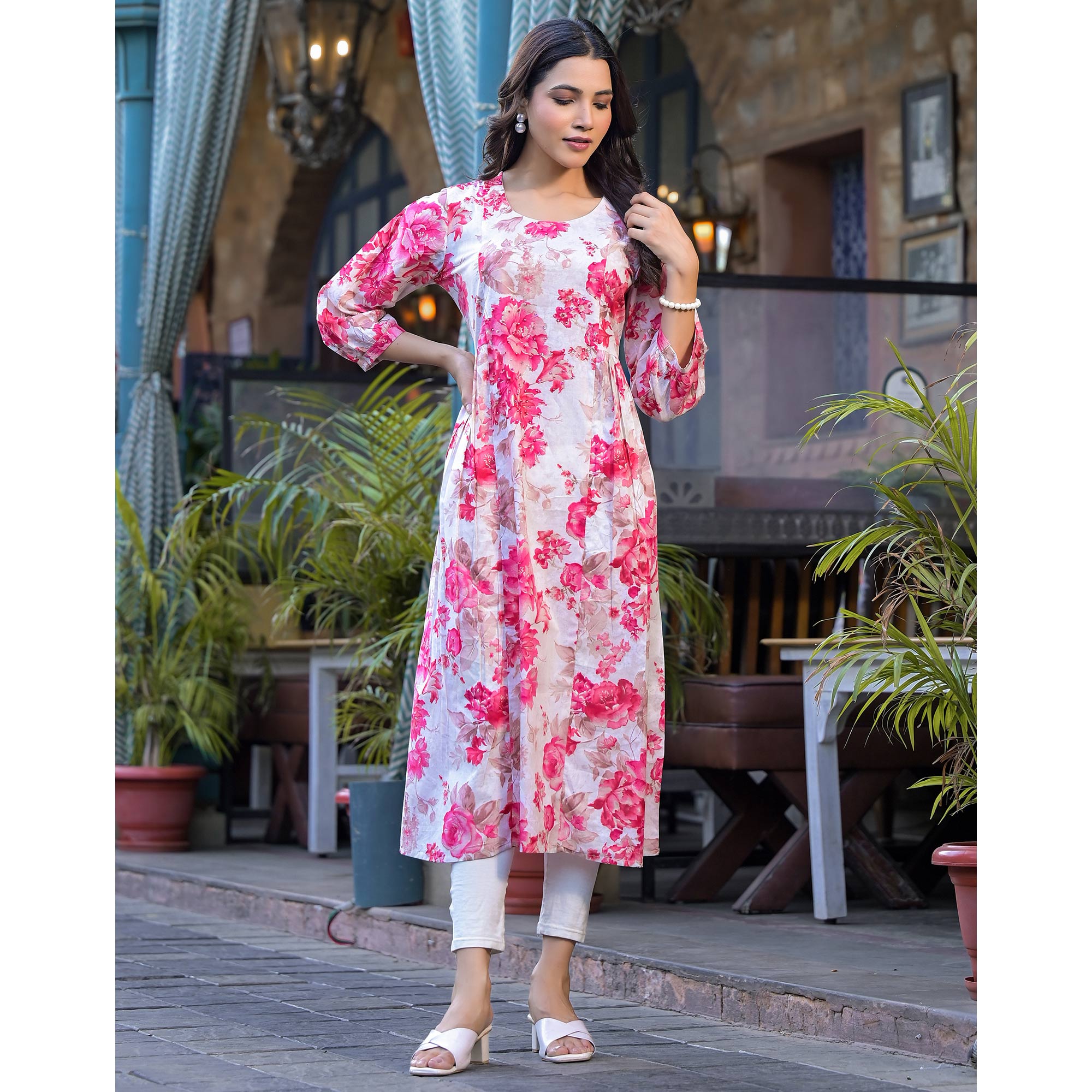 Pink Floral Printed With Beads Work Pure Cotton Maxi Dress