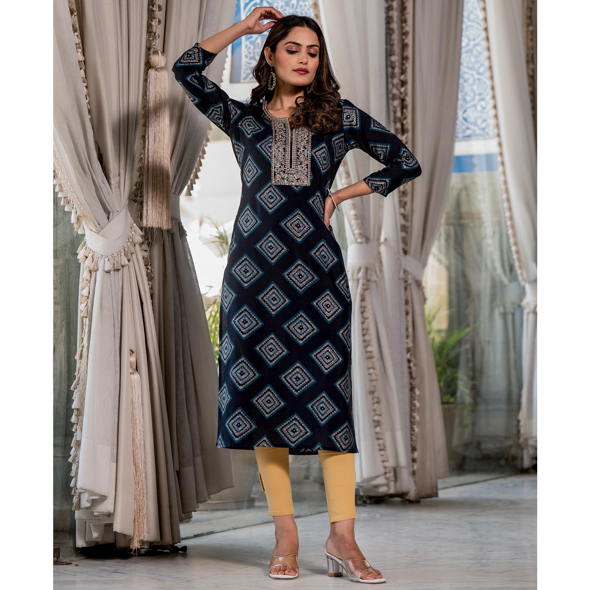 Navy Blue Foil Printed Chanderi Silk Kurti