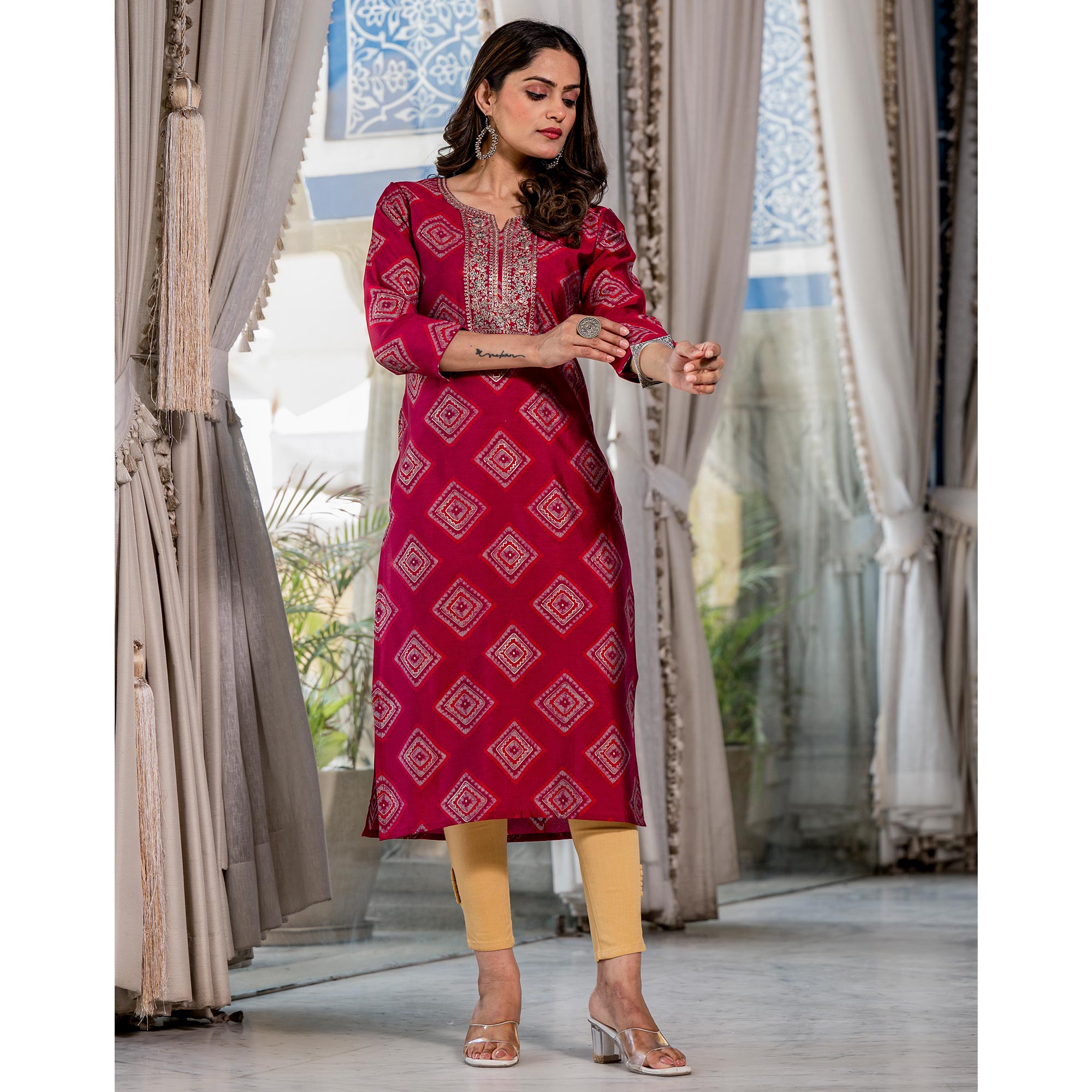 Pink Foil Printed Chanderi Silk Kurti