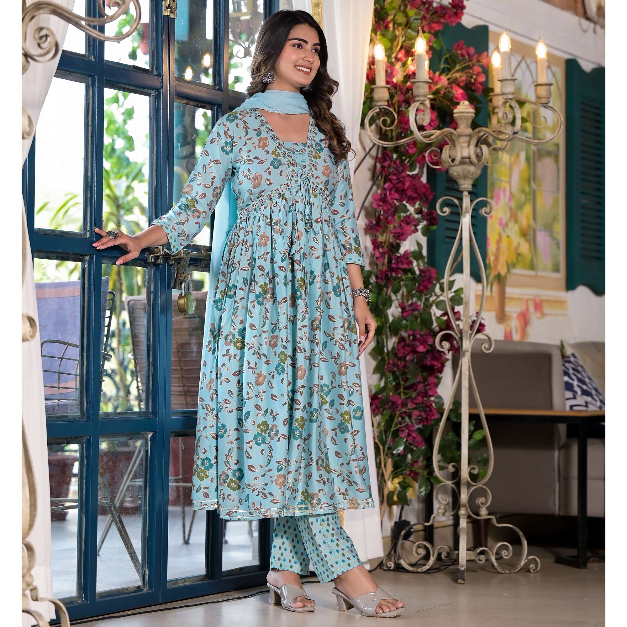 Turquoise Floral Alia Cut Chanderi Silk Salwar Suit With Zardosi Work