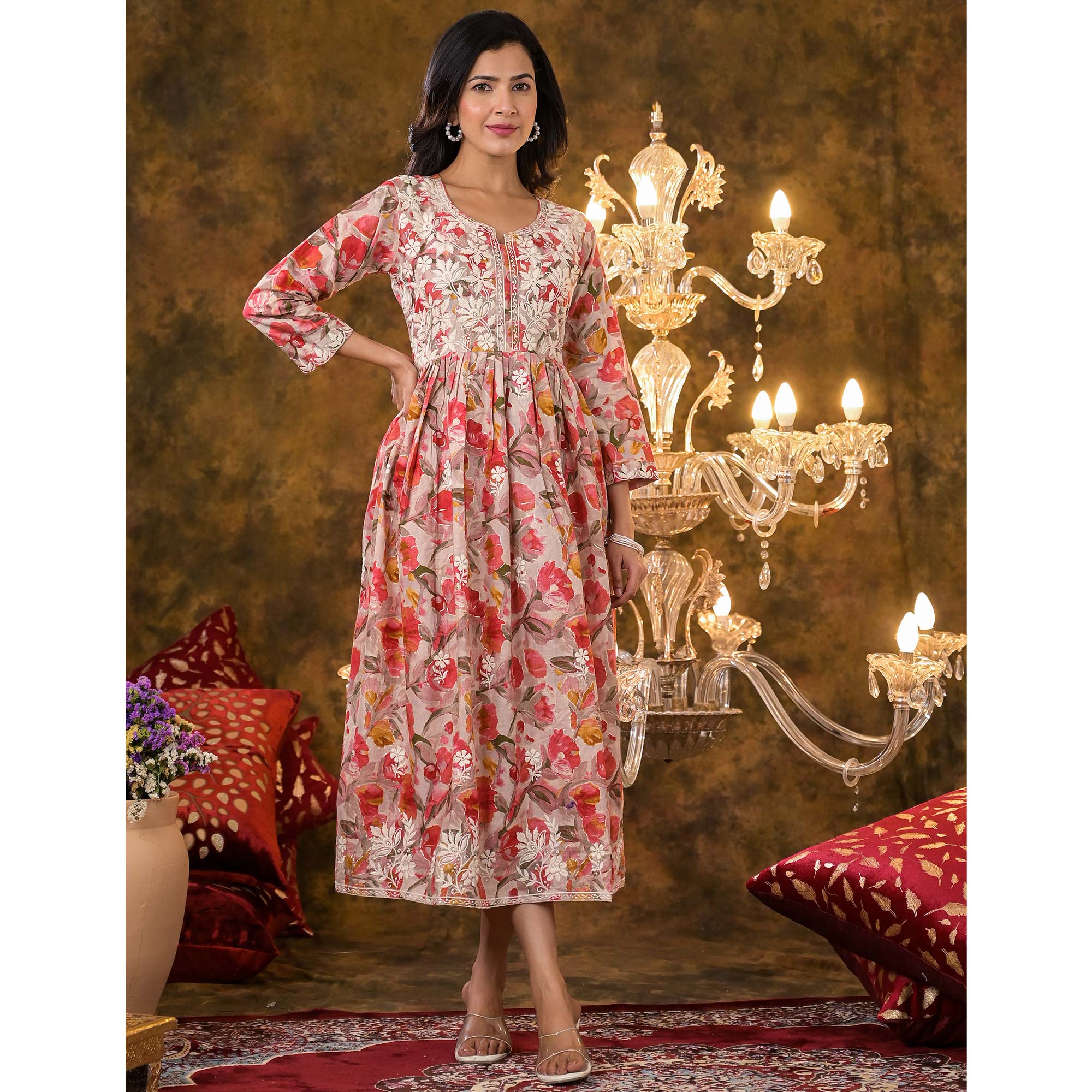 Peach Floral Printed Naira Cut Cambric Cotton Kurti