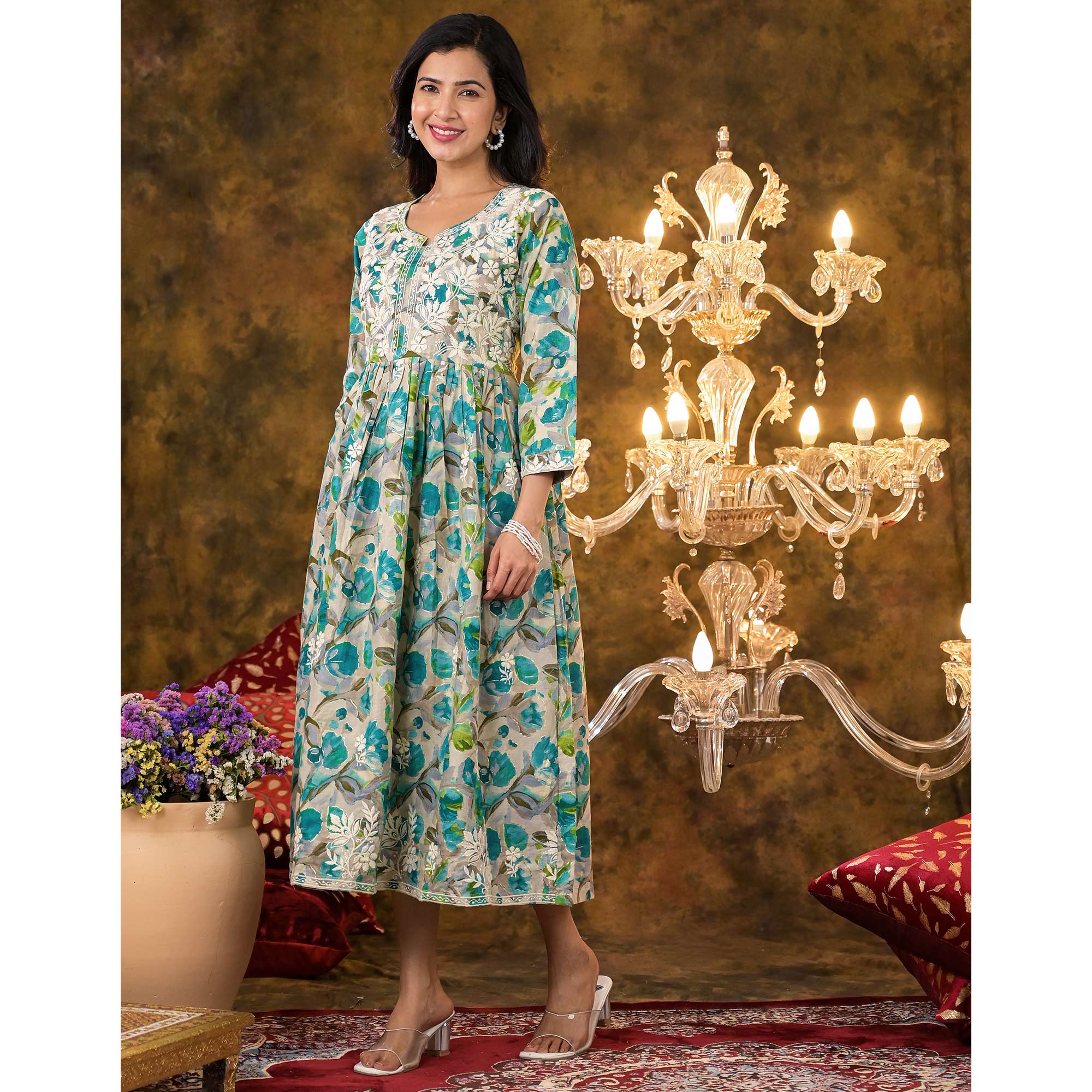 Turquoise Floral Printed Naira Cut Cambric Cotton Kurti