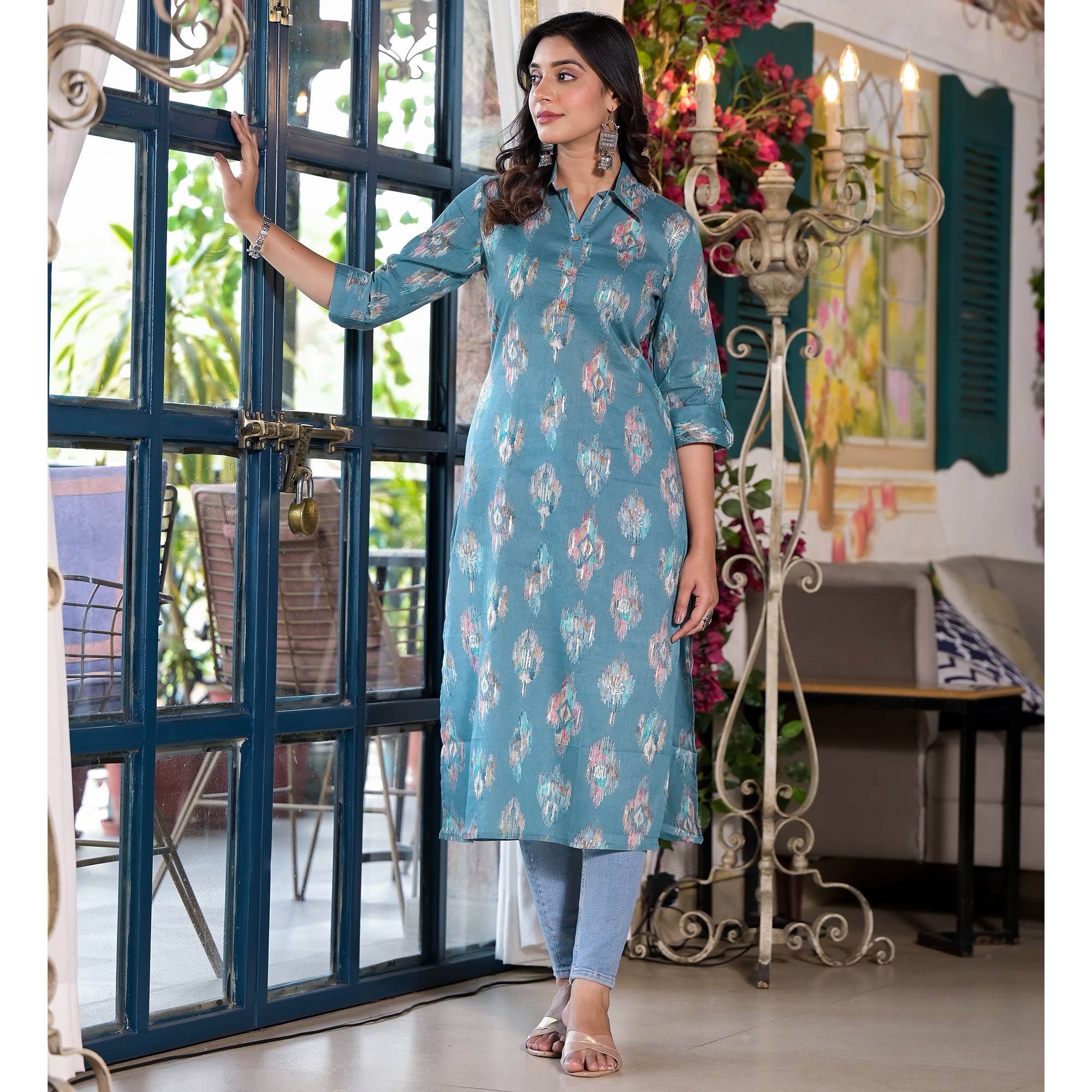 Dark Turquoise Ikkat Foil Printed Pure Cotton Straight Kurti