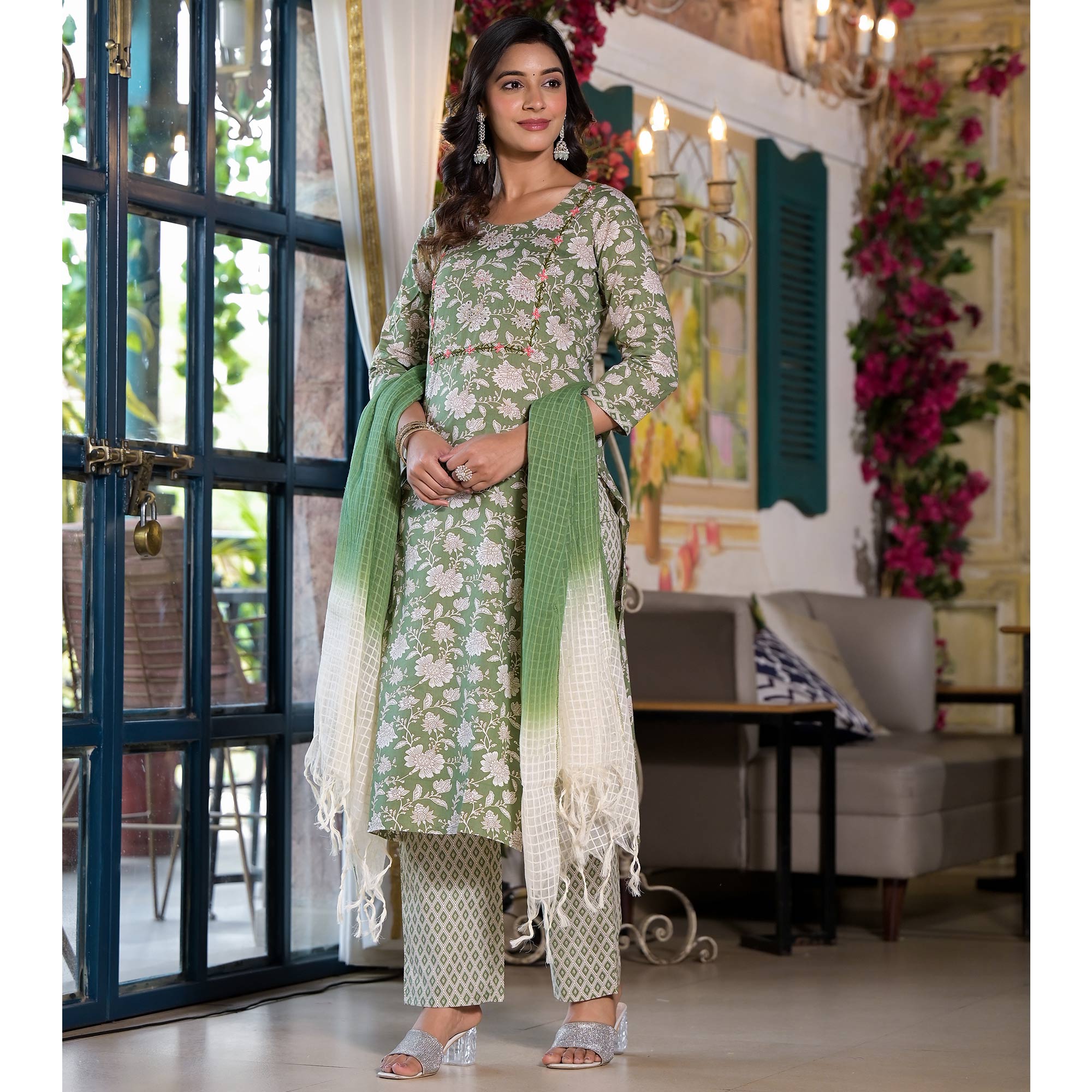 Pista Green Floral Printed Pure Cotton Salwar Suit