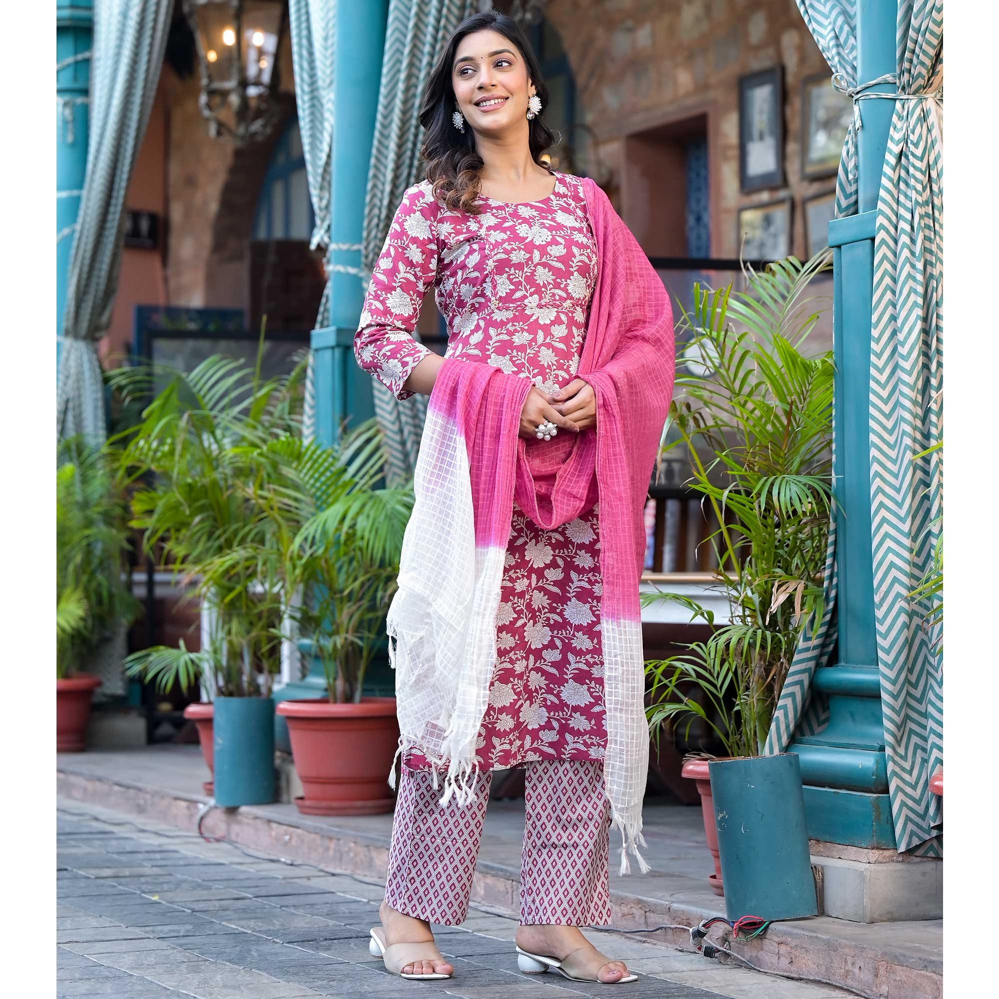 Wine Floral Printed Pure Cotton Salwar Suit