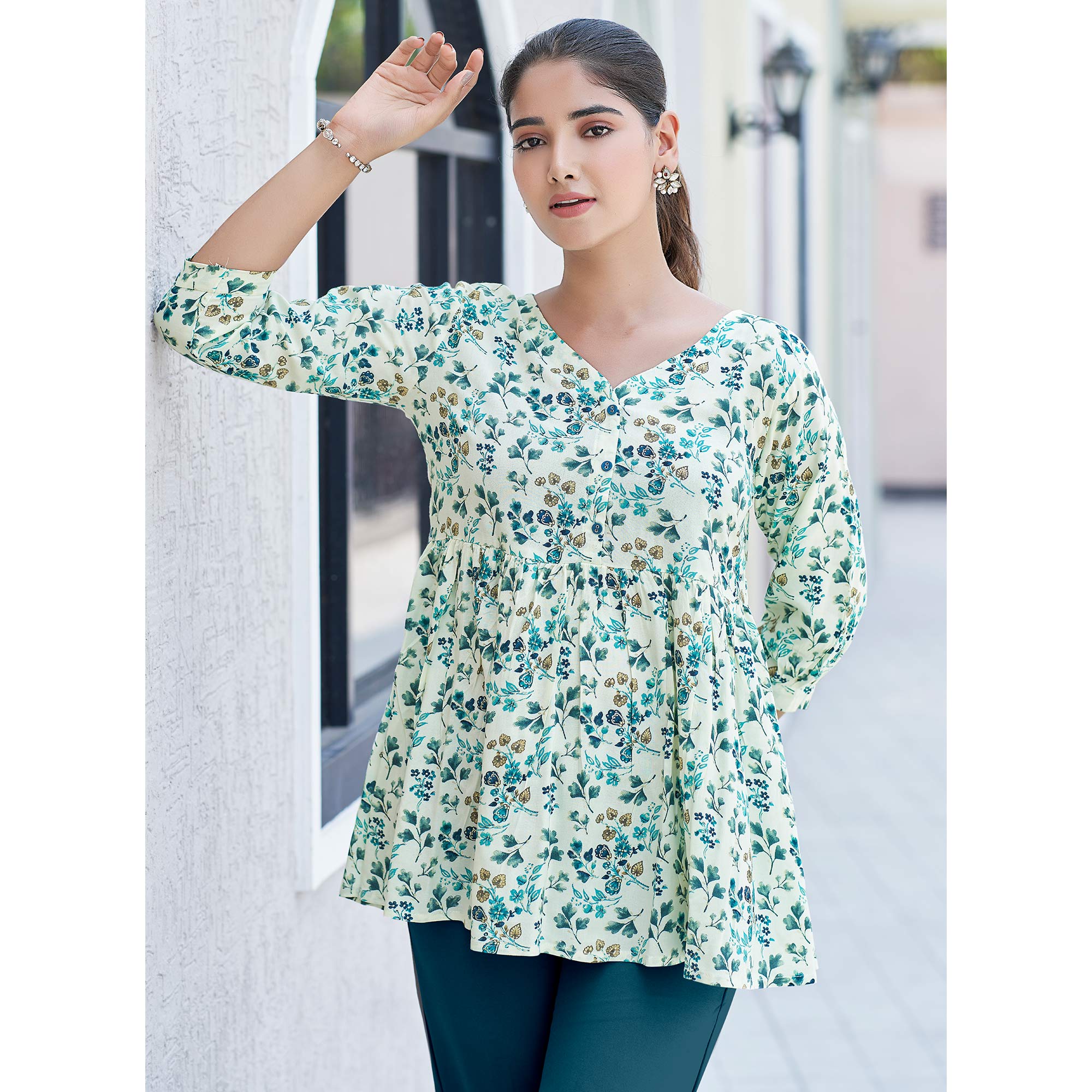 Blue Floral Printed Rayon A-Line Top