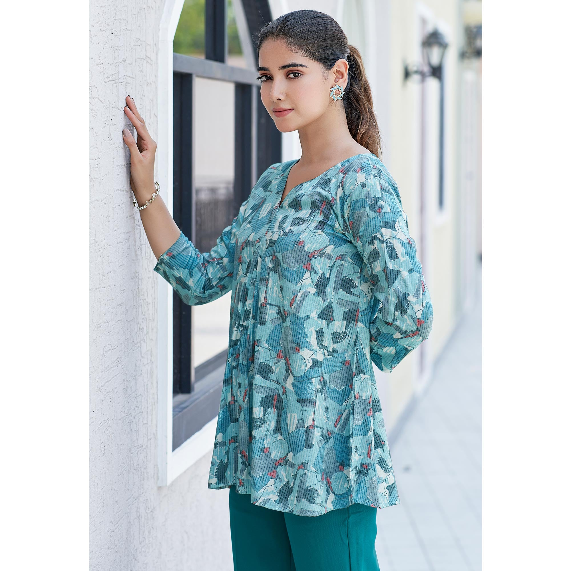 Light Blue Printed Rayon Top