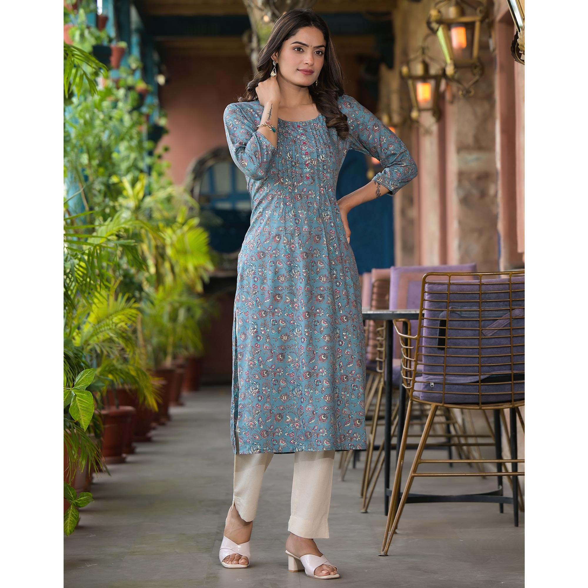 Bluish Grey Floral Printed Rayon Straight kurti