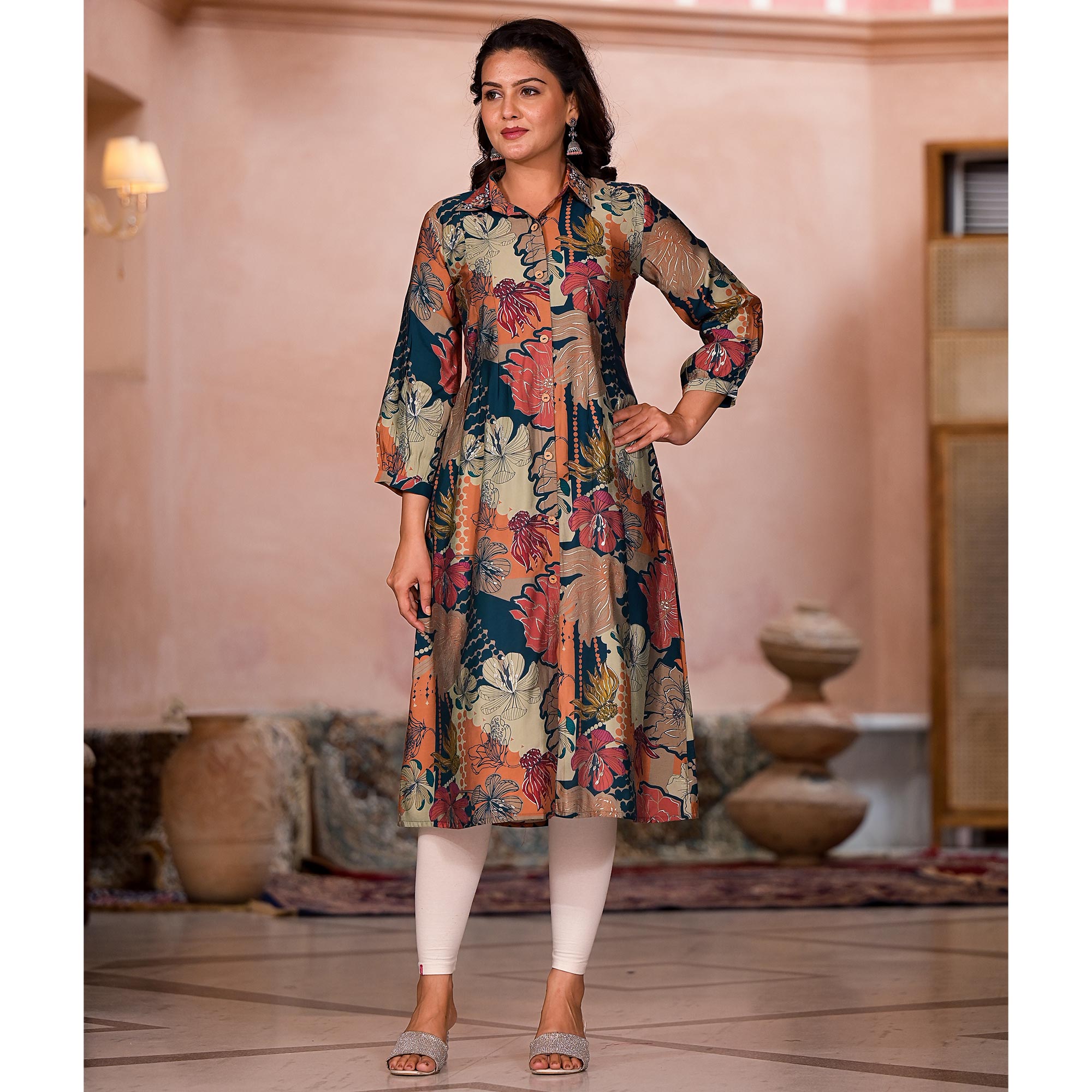 Green Floral Printed Chanderi Silk A-Line Dress