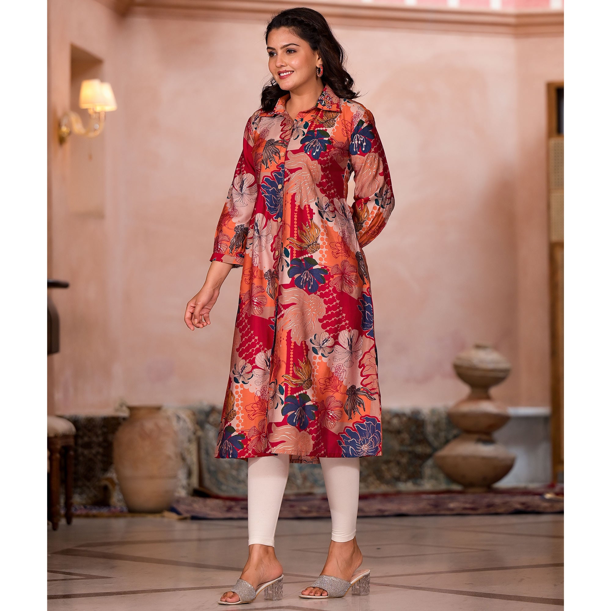 Rani Pink Floral Printed Chanderi Silk A-Line Dress