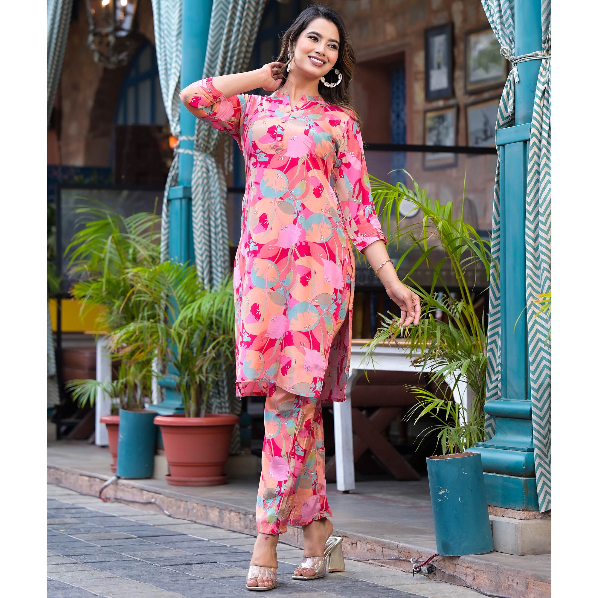 Pink Floral Foil Printed Muslin Co Ord Set