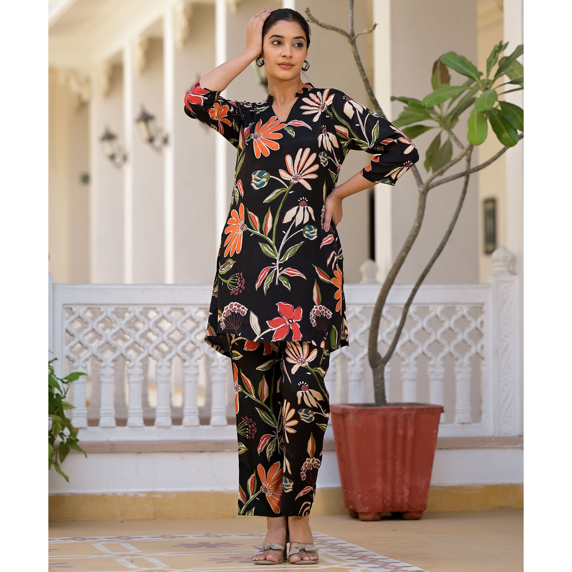 Black Floral Printed Muslin Co Ord Set