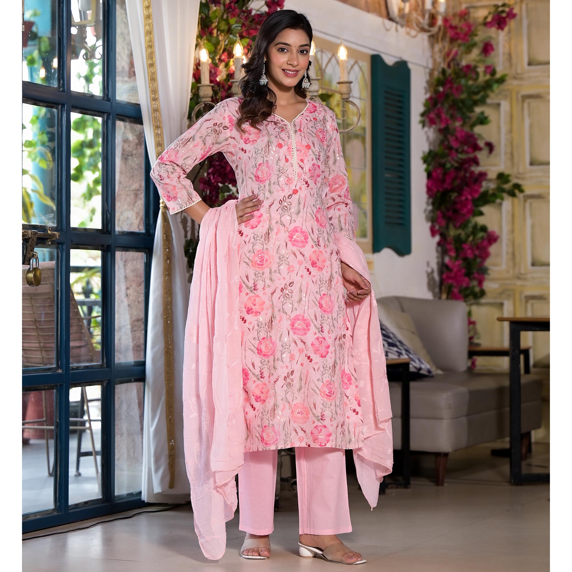 Pink Floral Printed Mulmul Cotton Straight Salwar Suit