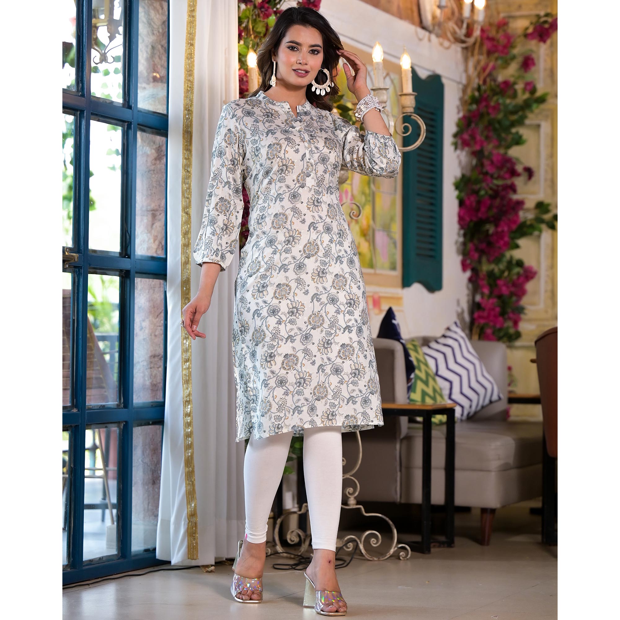 Grey Floral Foil Printed Chanderi Silk Kurti