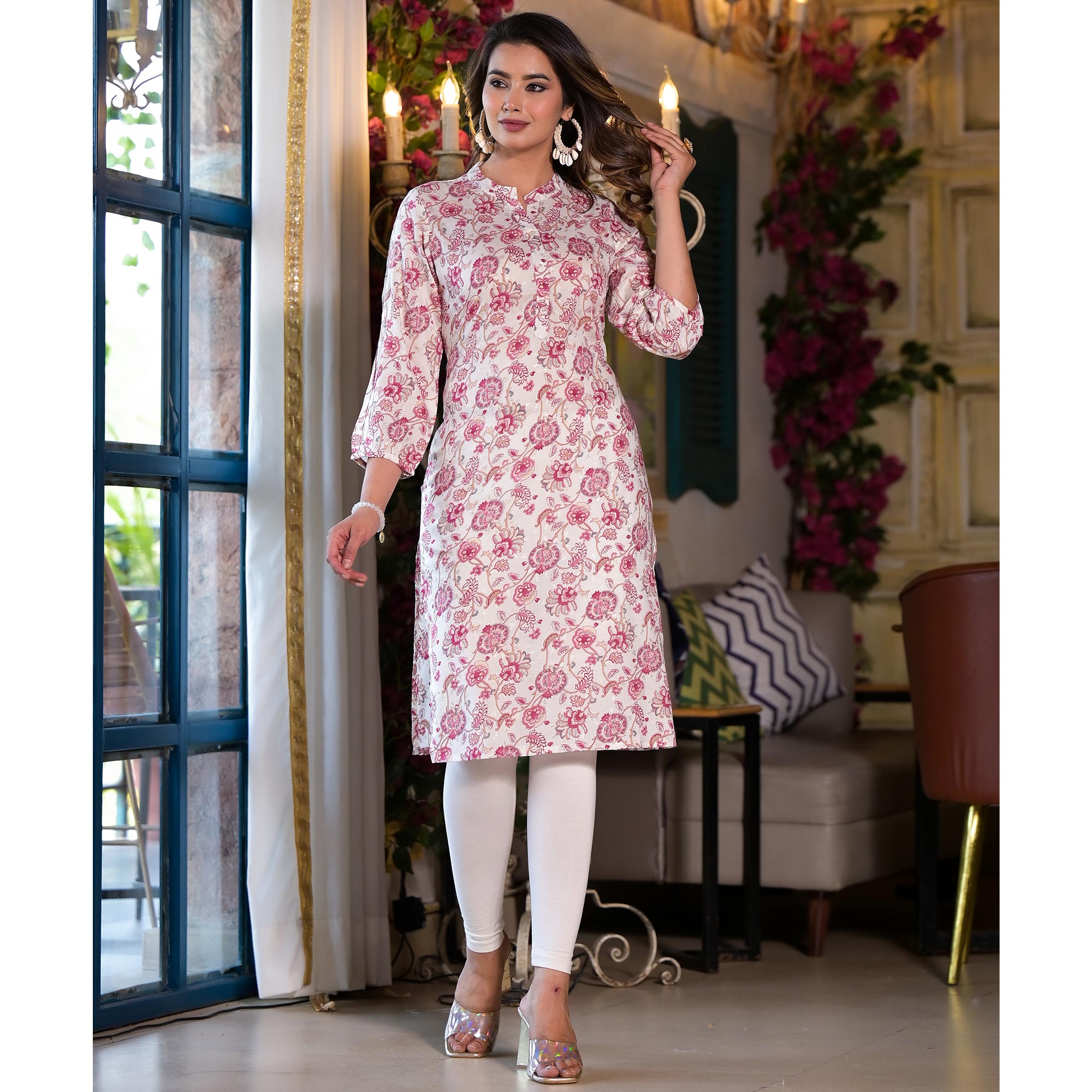 Wine Floral Foil Printed Chanderi Silk Kurti