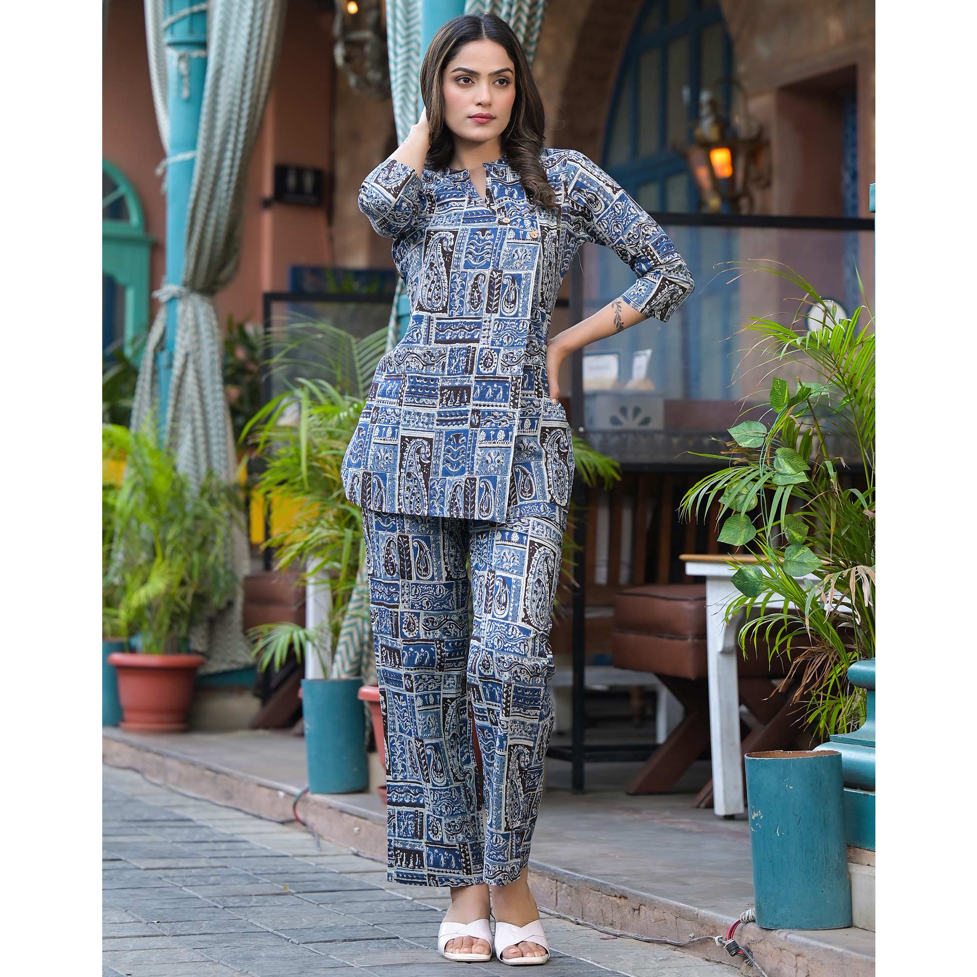 Blue Printed Pure Cotton Angrakha Co-Ord Set