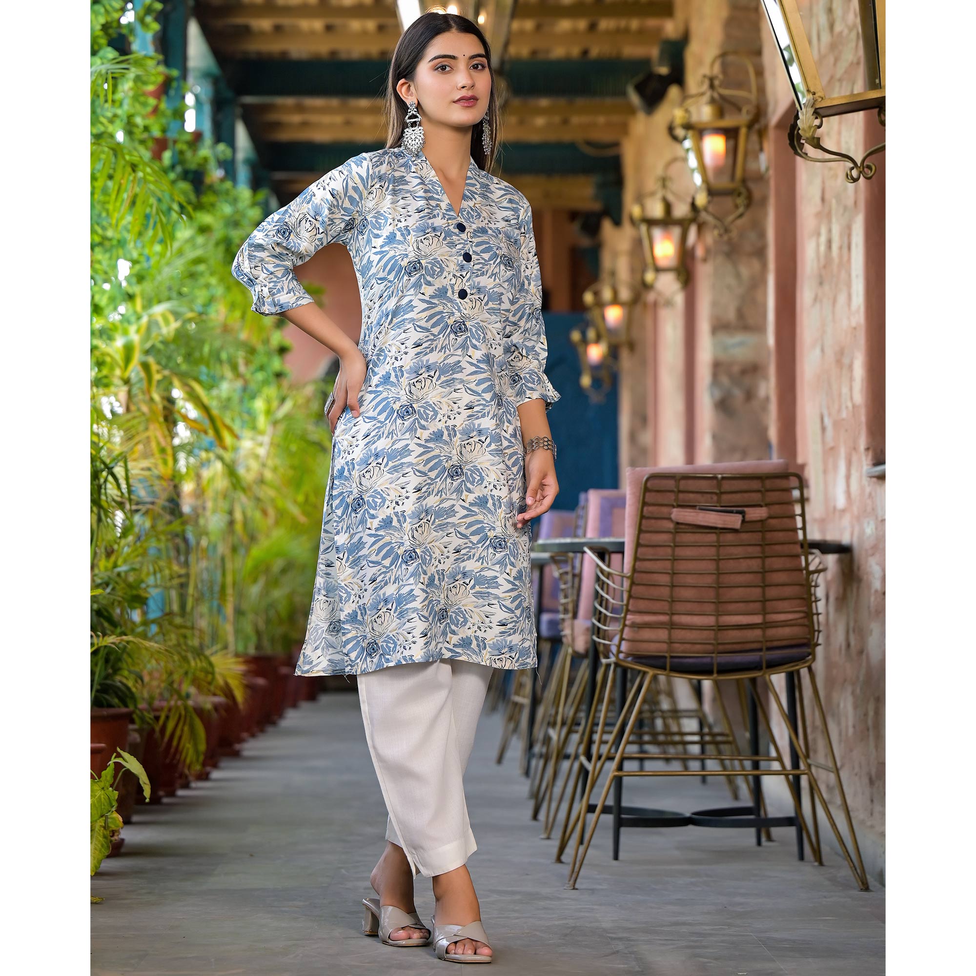 Blue Floral Printed Rayon Kurti