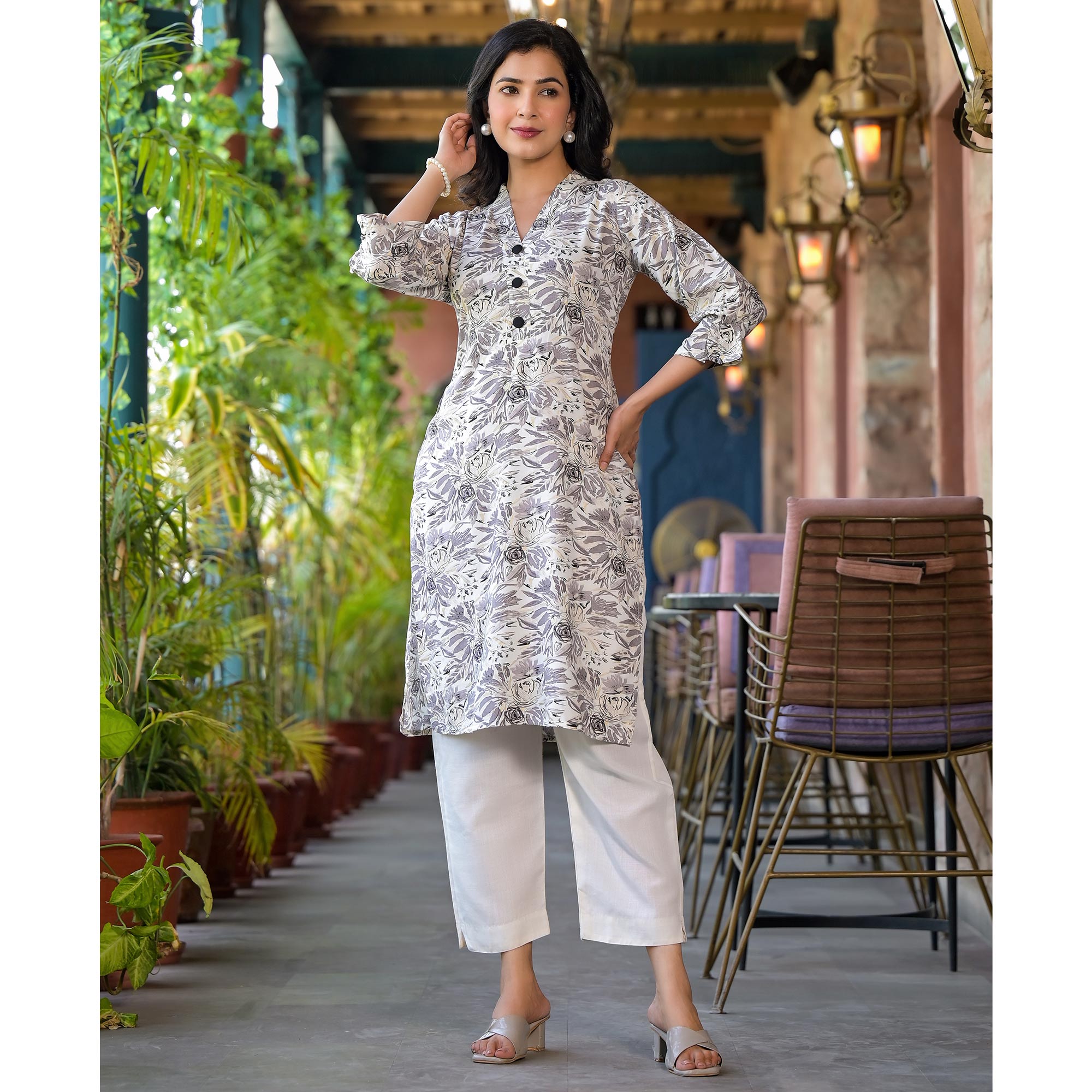 Grey Floral Printed Rayon Kurti