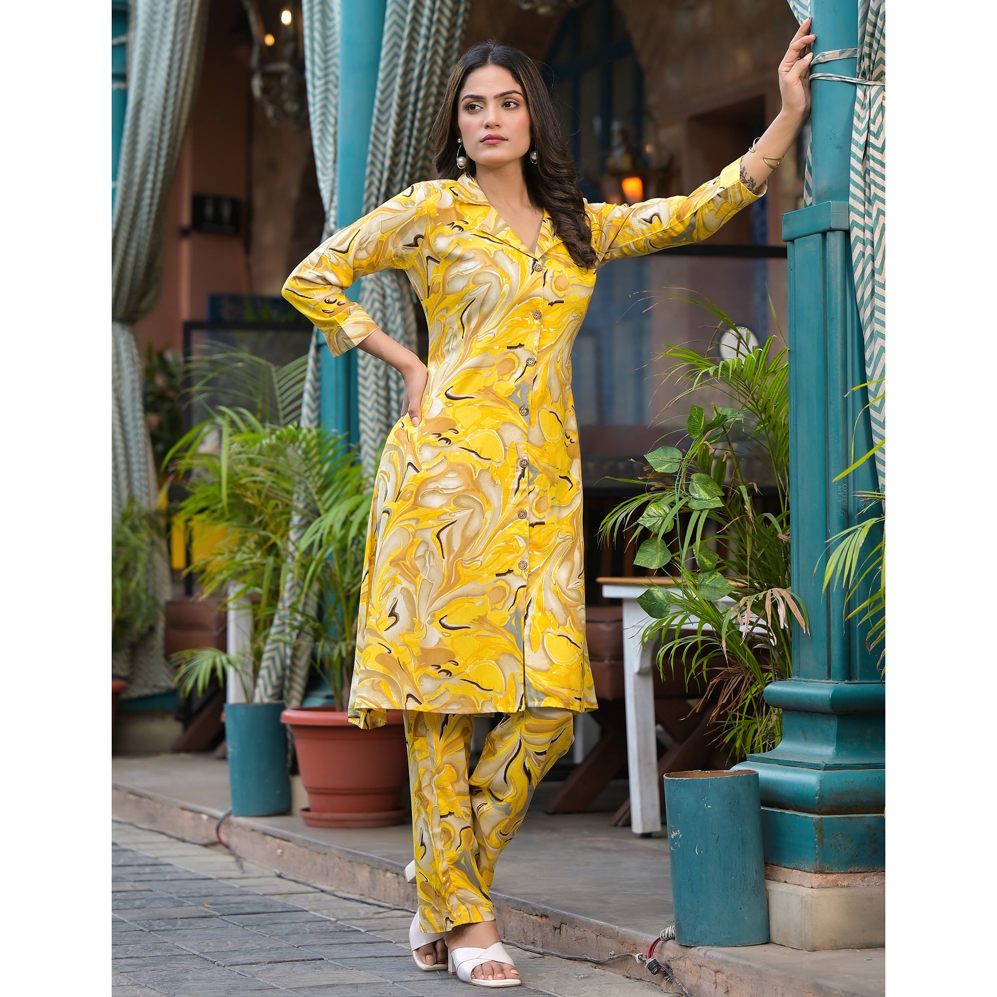 Yellow Foil Printed Rayon Co-Ord Set