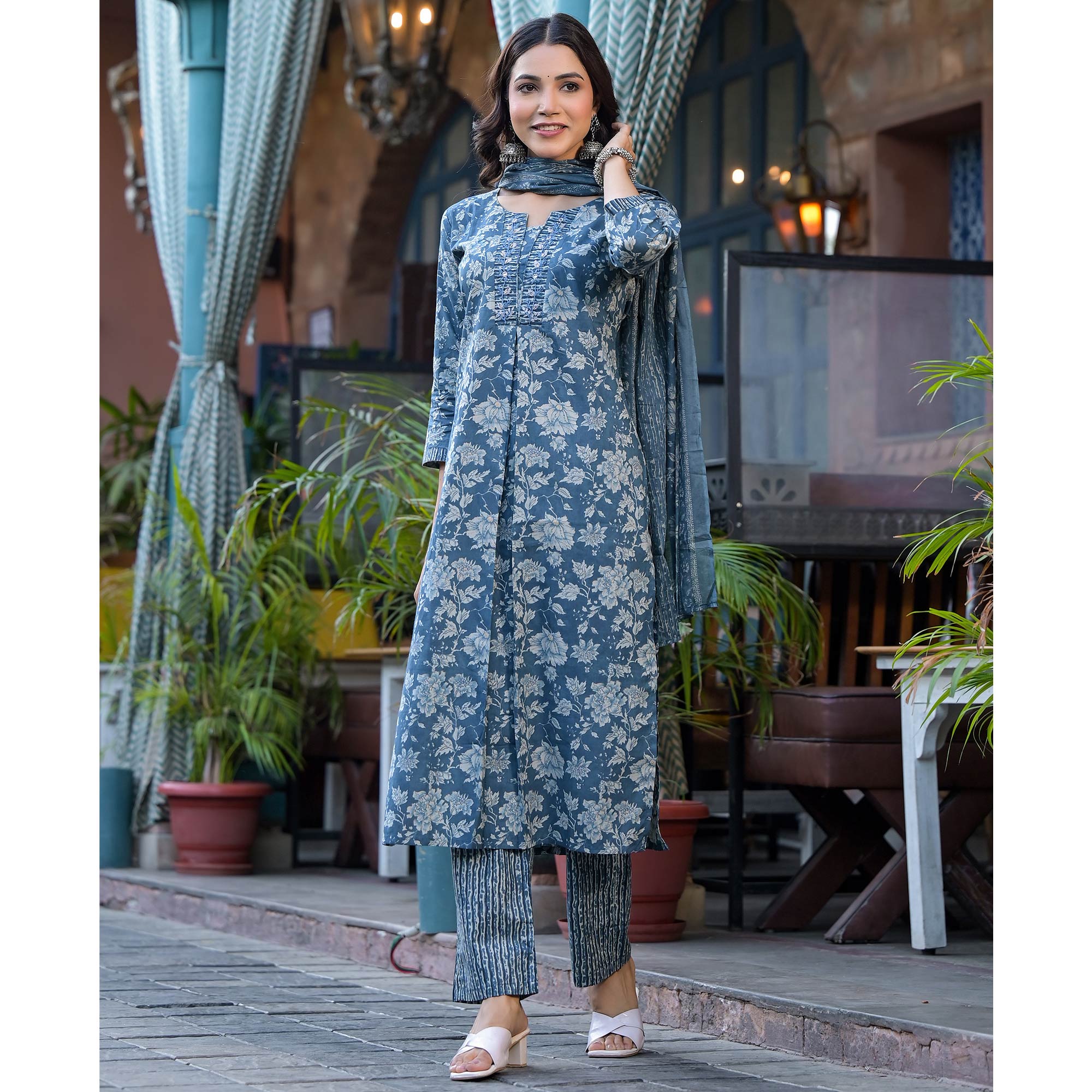 Blue Floral Printed With Katha Work Pure Cotton Straight Salwar Suit