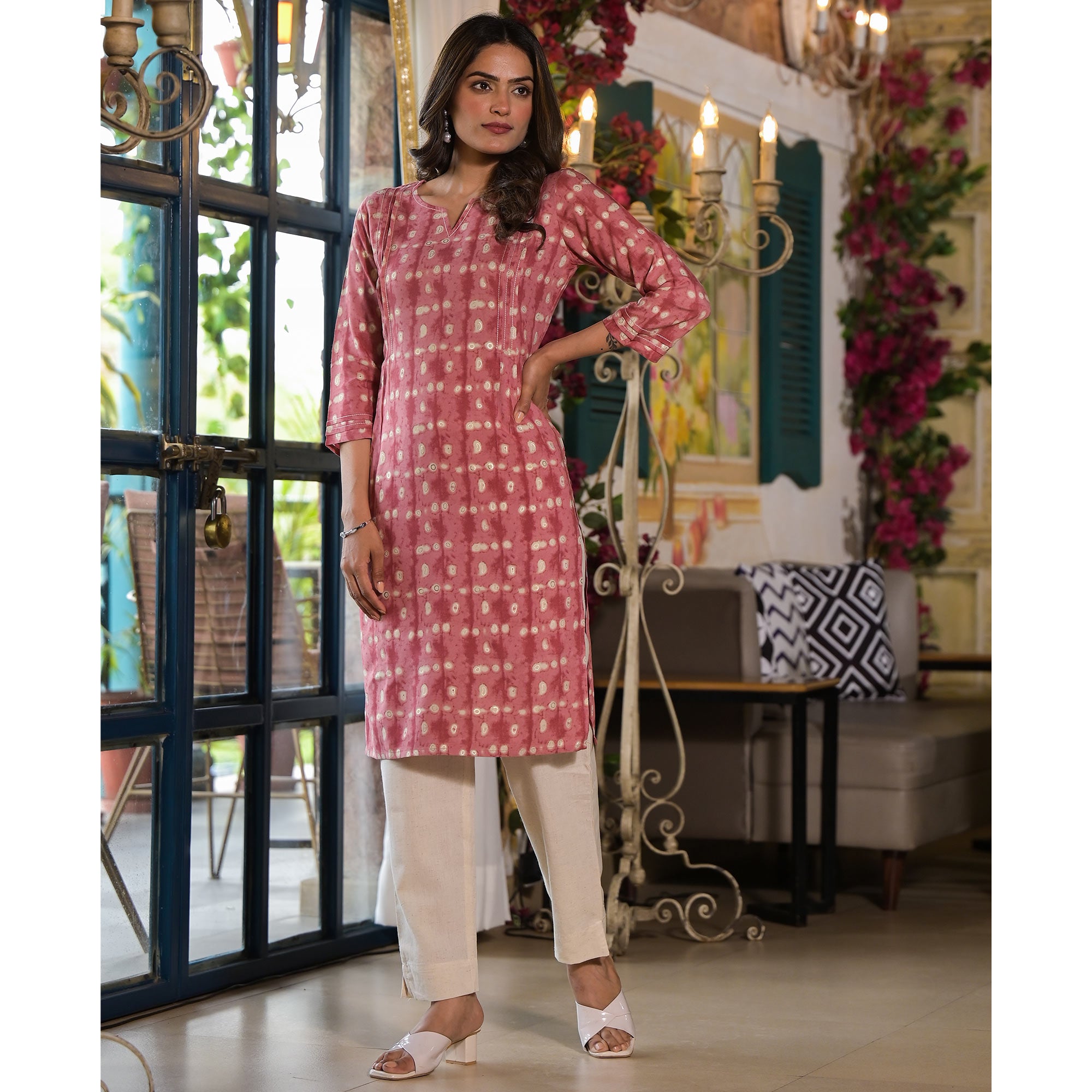 Pink Printed Rayon Straight Kurti